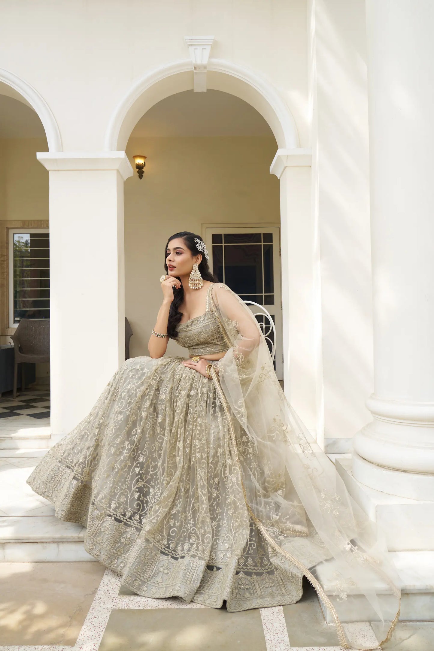 Ivory Net Lehenga Choli With Cotton Thread Work & Sequence Embroidery Work
