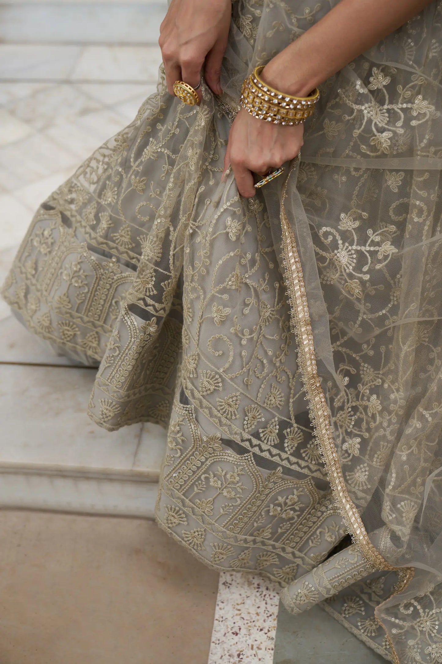 Ivory Net Lehenga Choli With Cotton Thread Work & Sequence Embroidery Work