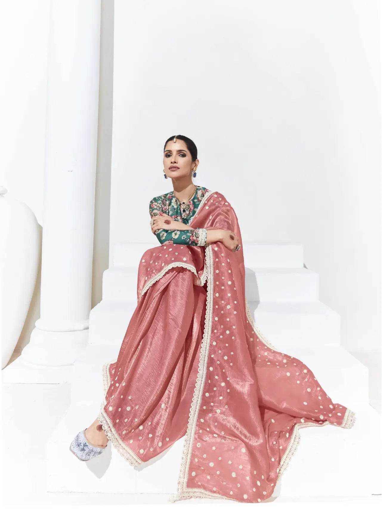 Peach Pink Glass Organza Saree With Digital Print, Sequence & Thread Embroidery Work