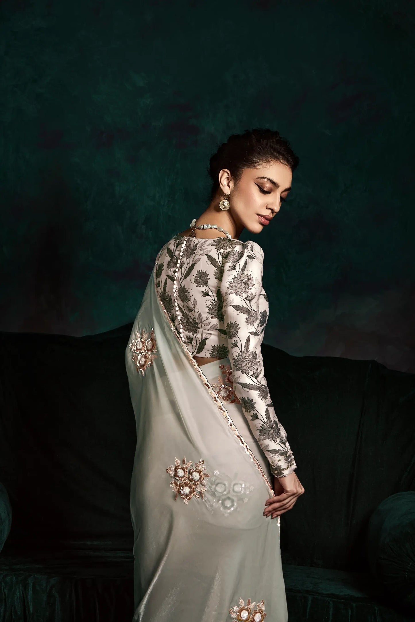 Shaded Glass Organza Saree With Digital Print, Sequence & Thread Embroidery Work