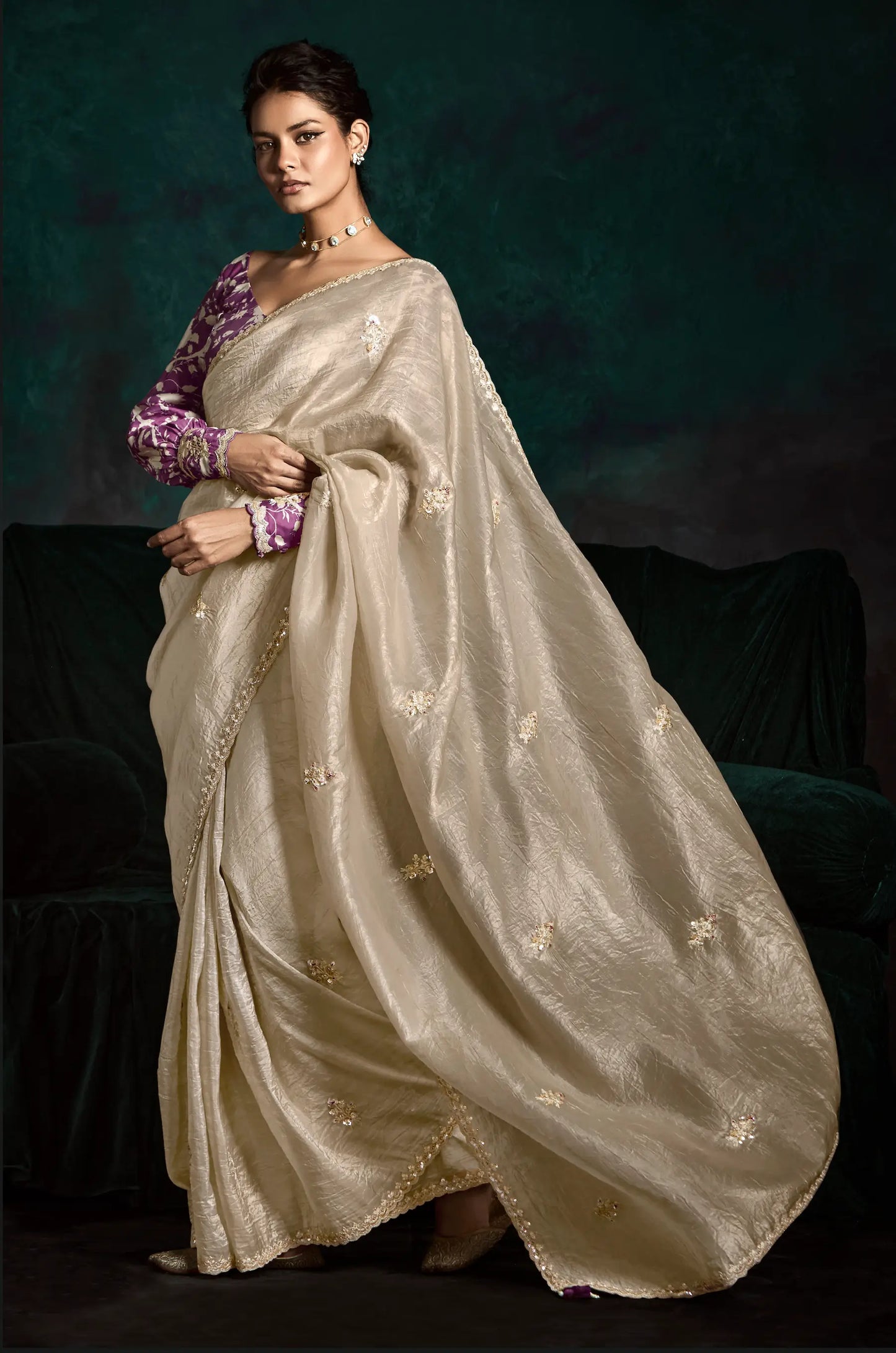 Beige Glass Organza Saree With Digital Print, Sequence & Thread Embroidery Work