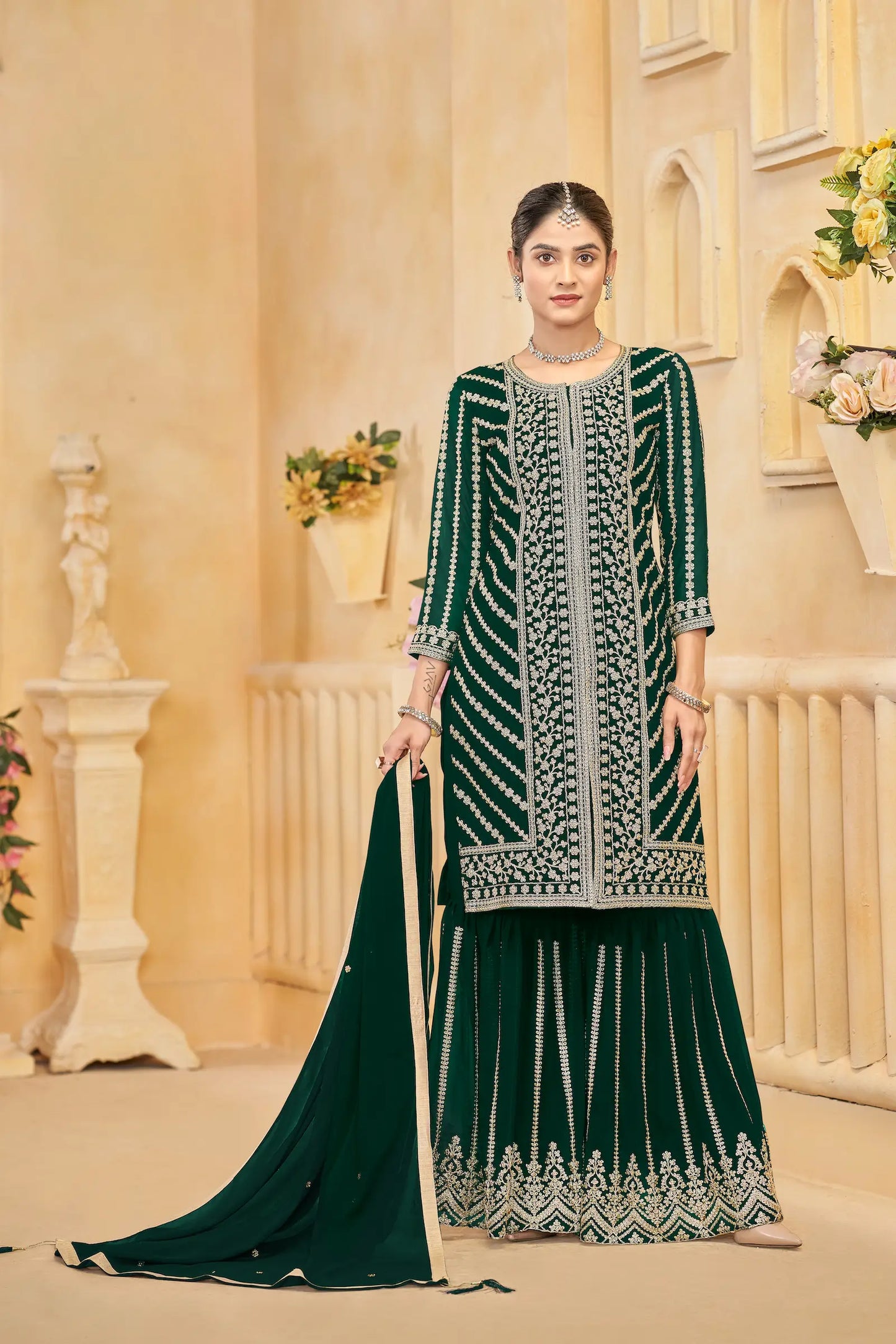 Green Georgette Thread & Sequins Embroidery Work Sharara Set