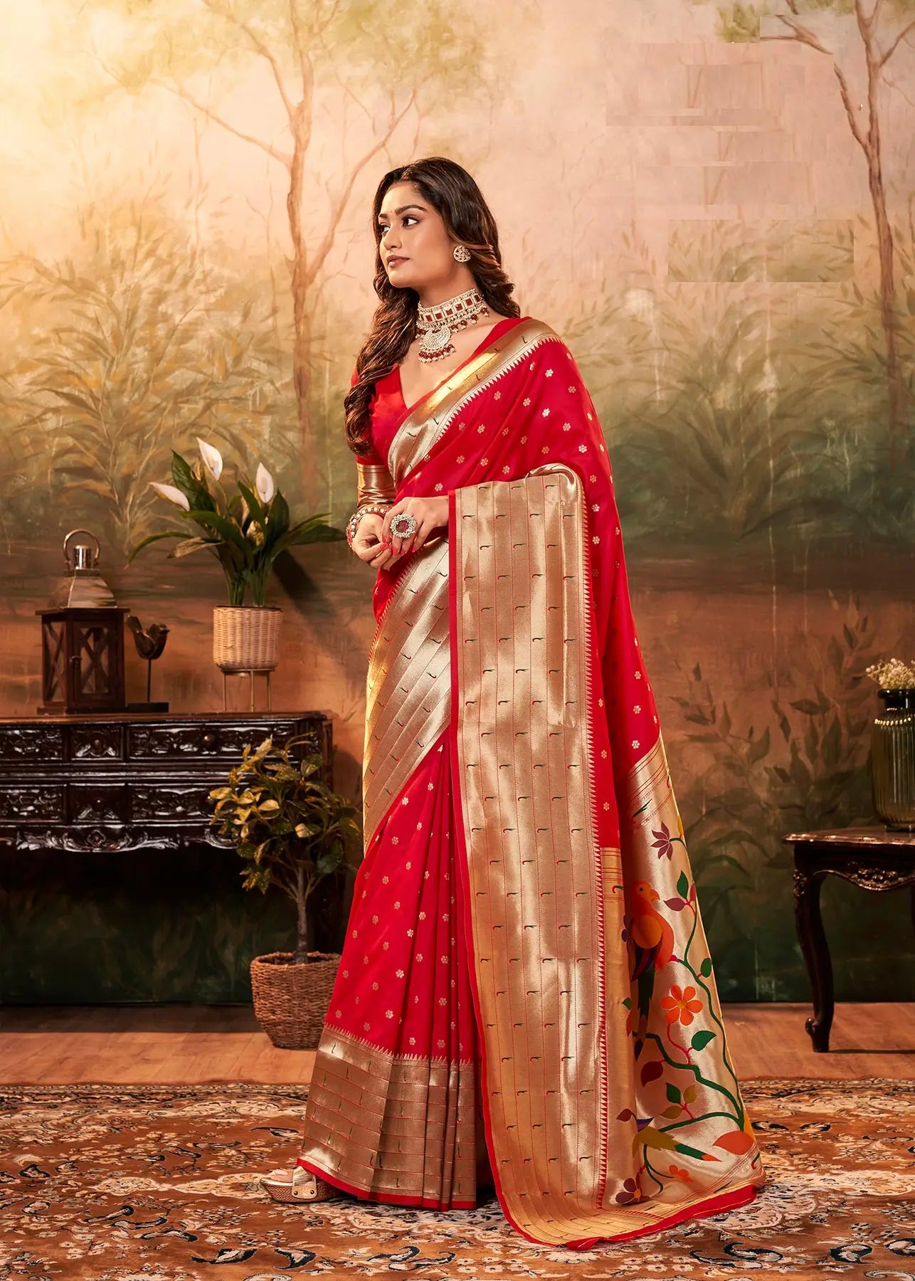 Red Paithani Silk Saree with Woven Border & Pallu