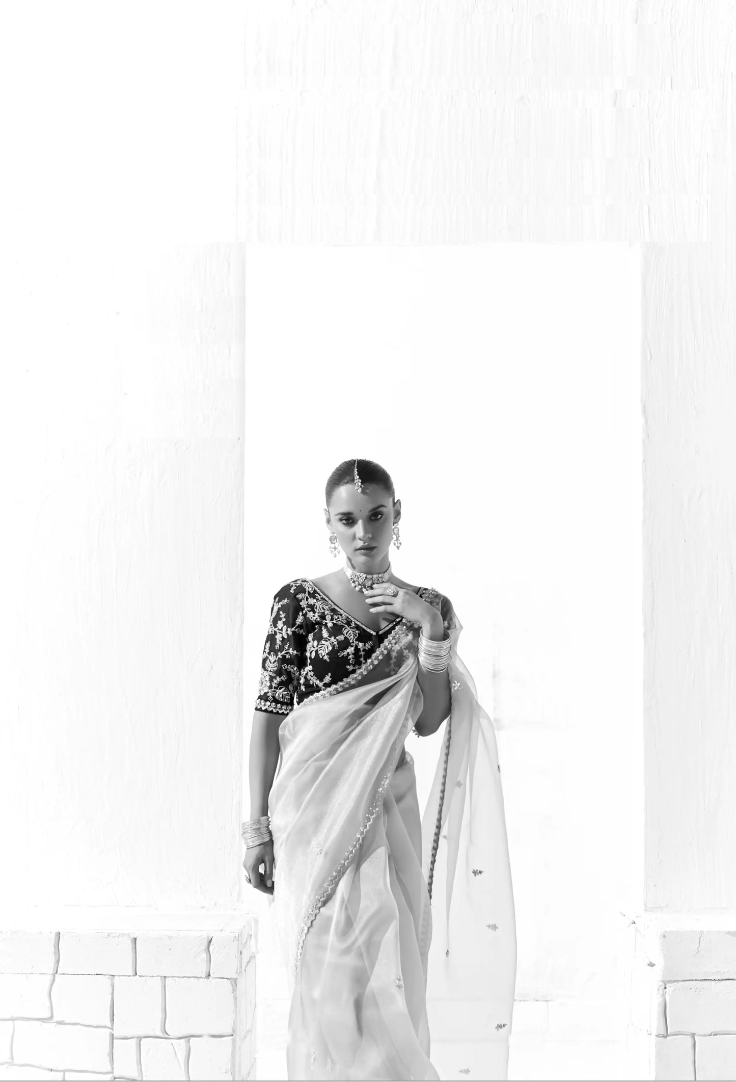 Beige Organza Saree Blouse With Heavy Embroidery work