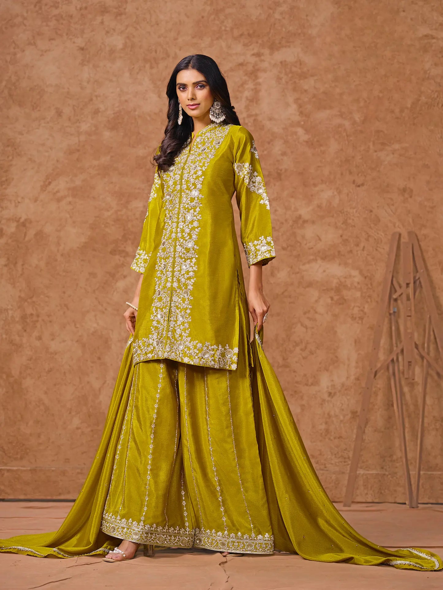 Yellow Chinon Palazzo Salwar Suit With Thread & Sequins Embroidery Work