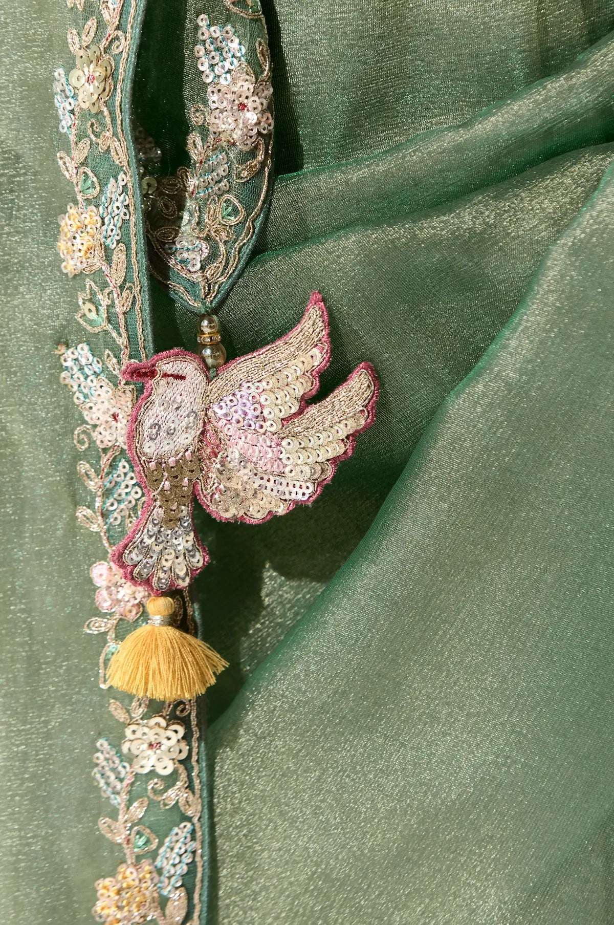 Sage Green Organza Saree Blouse With Heavy Embroidery work