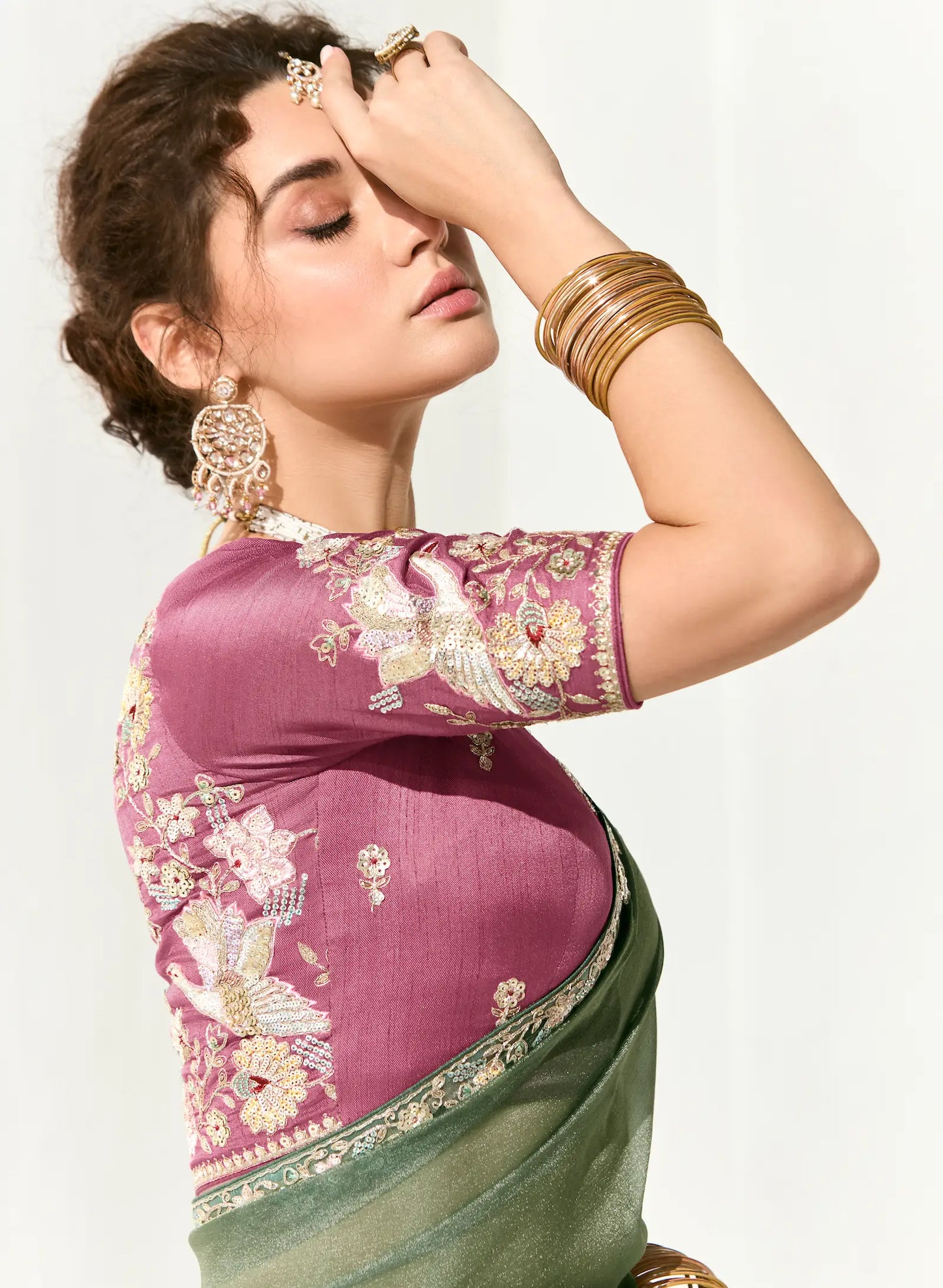 Sage Green Organza Saree Blouse With Heavy Embroidery work
