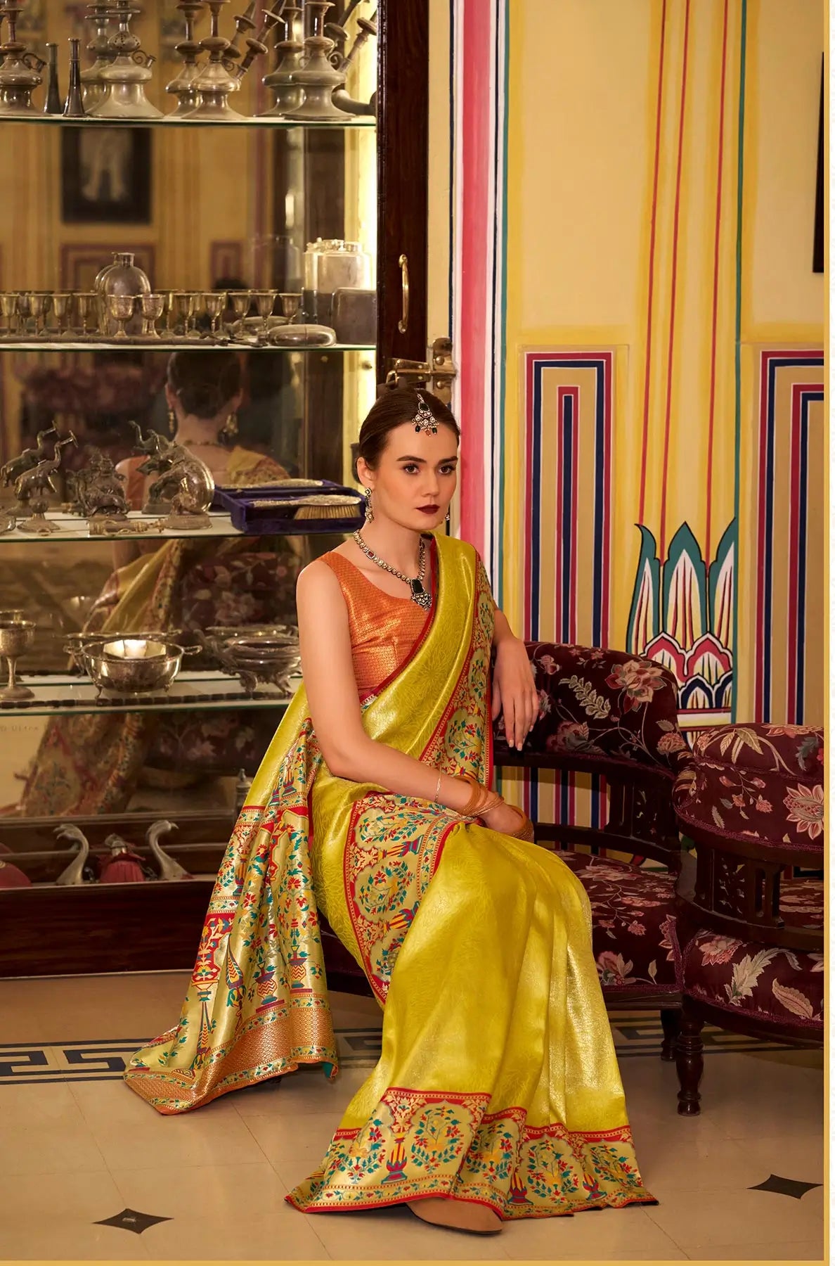 Yellow Soft Tissue Silk Saree With Weaving Work