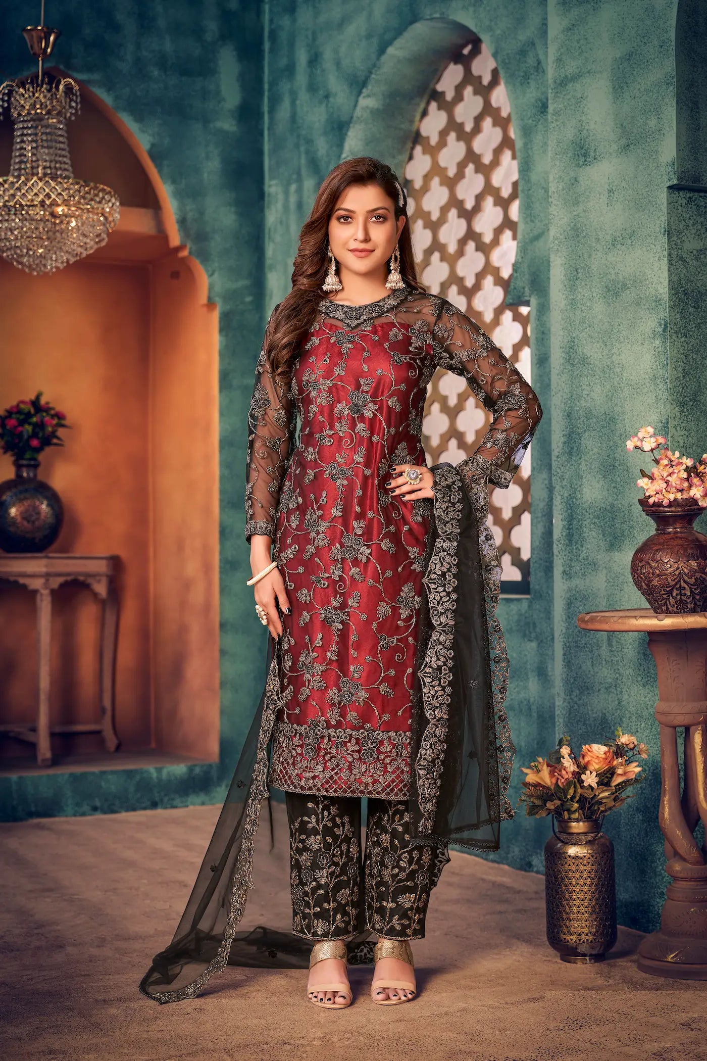 Brick Red Net Thread & Sequence Embroidery Work Salwar Suit