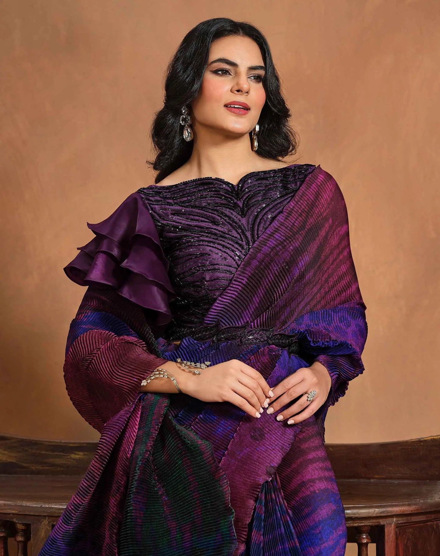 Wine Berry Digital Print Draped Saree With Hand Work Blouse