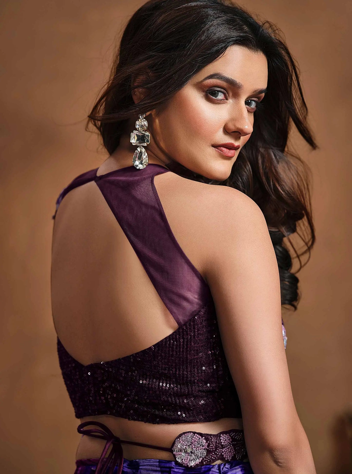 Twilight Purple Floral Digital Print One Minute Saree With Beads Hand Work
