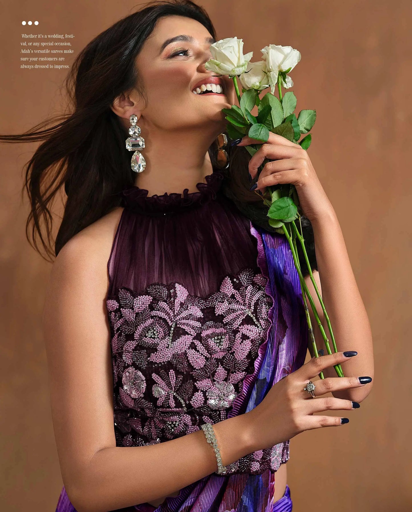 Twilight Purple Floral Digital Print One Minute Saree With Beads Hand Work