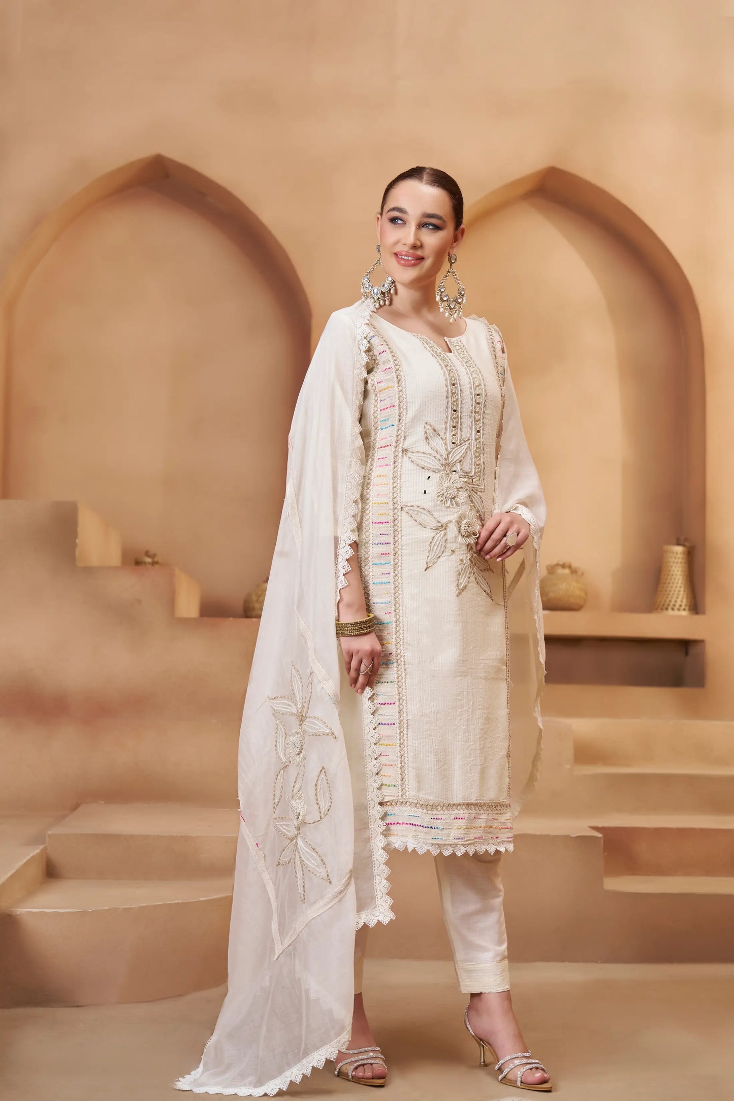 Off White Cotton Salwar Suit With Thread, Mirror & Joot Work