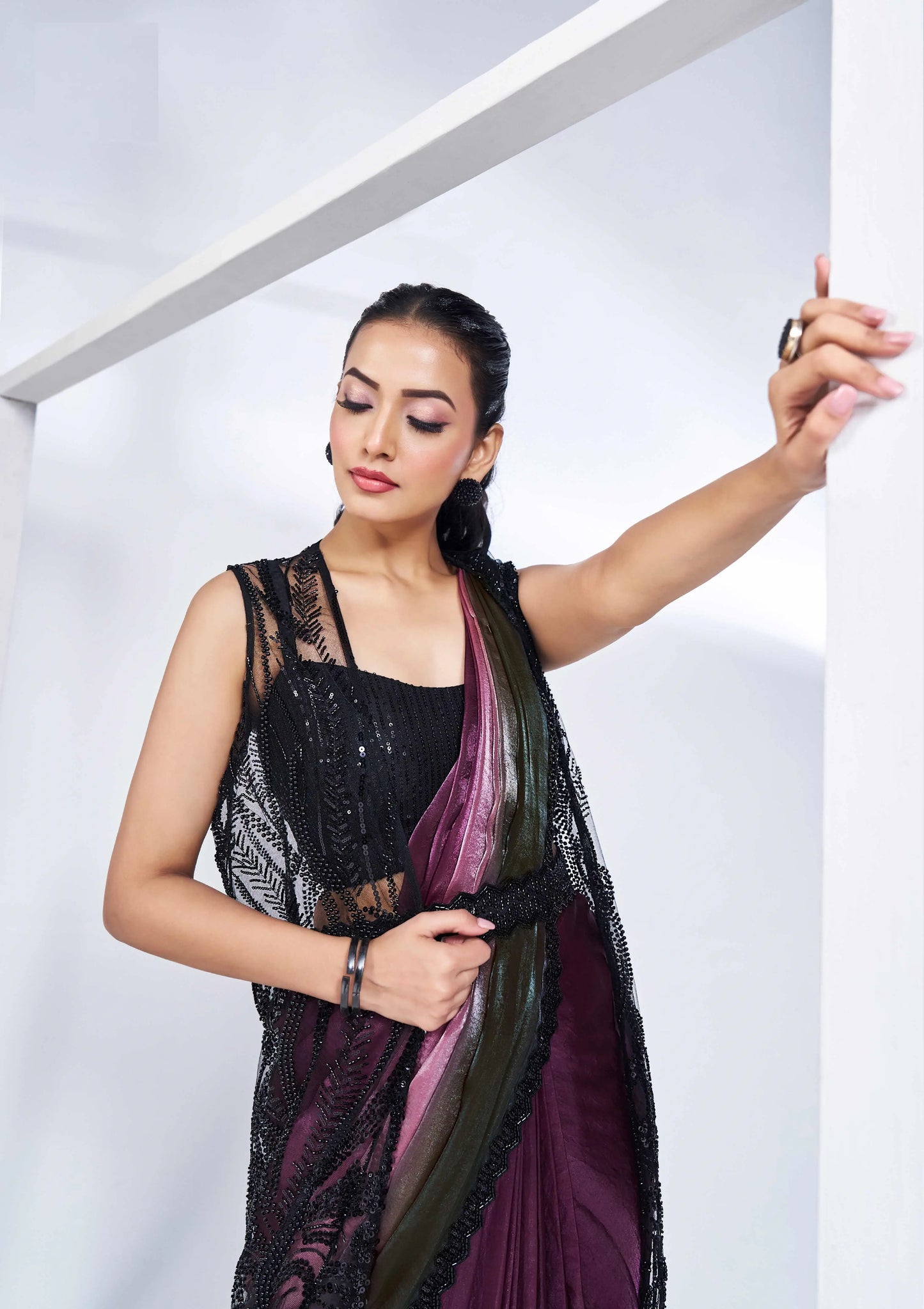 Black Wine Satin Silk Ready To Wear One Minute Saree With Handwork Blouse