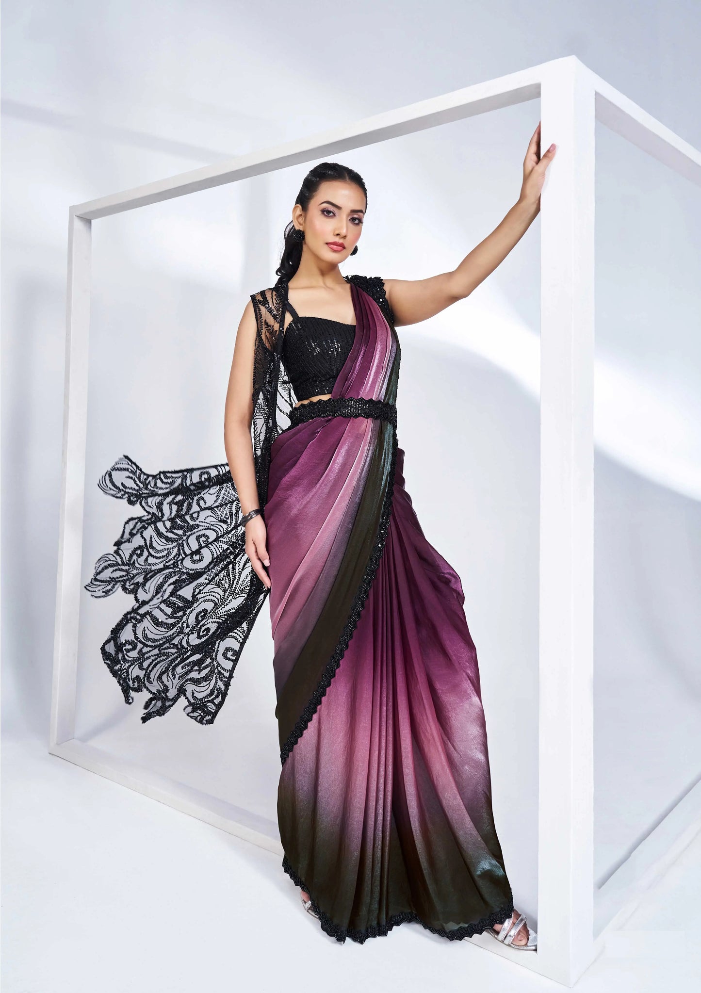 Black Wine Satin Silk Ready To Wear One Minute Saree With Handwork Blouse