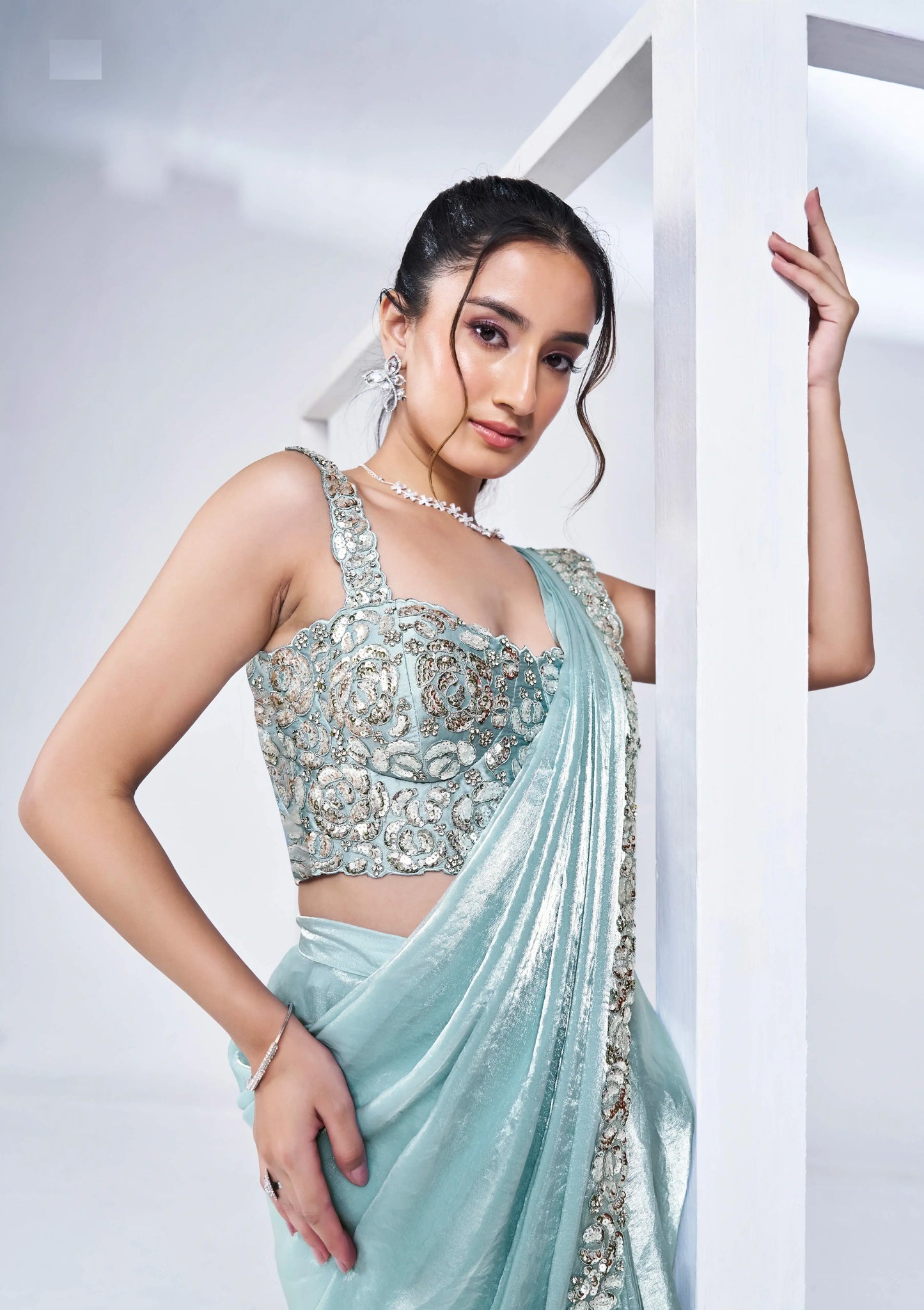 Sky Satin Silk Ready To Wear One Minute Saree With Heavy Handwork Blouse