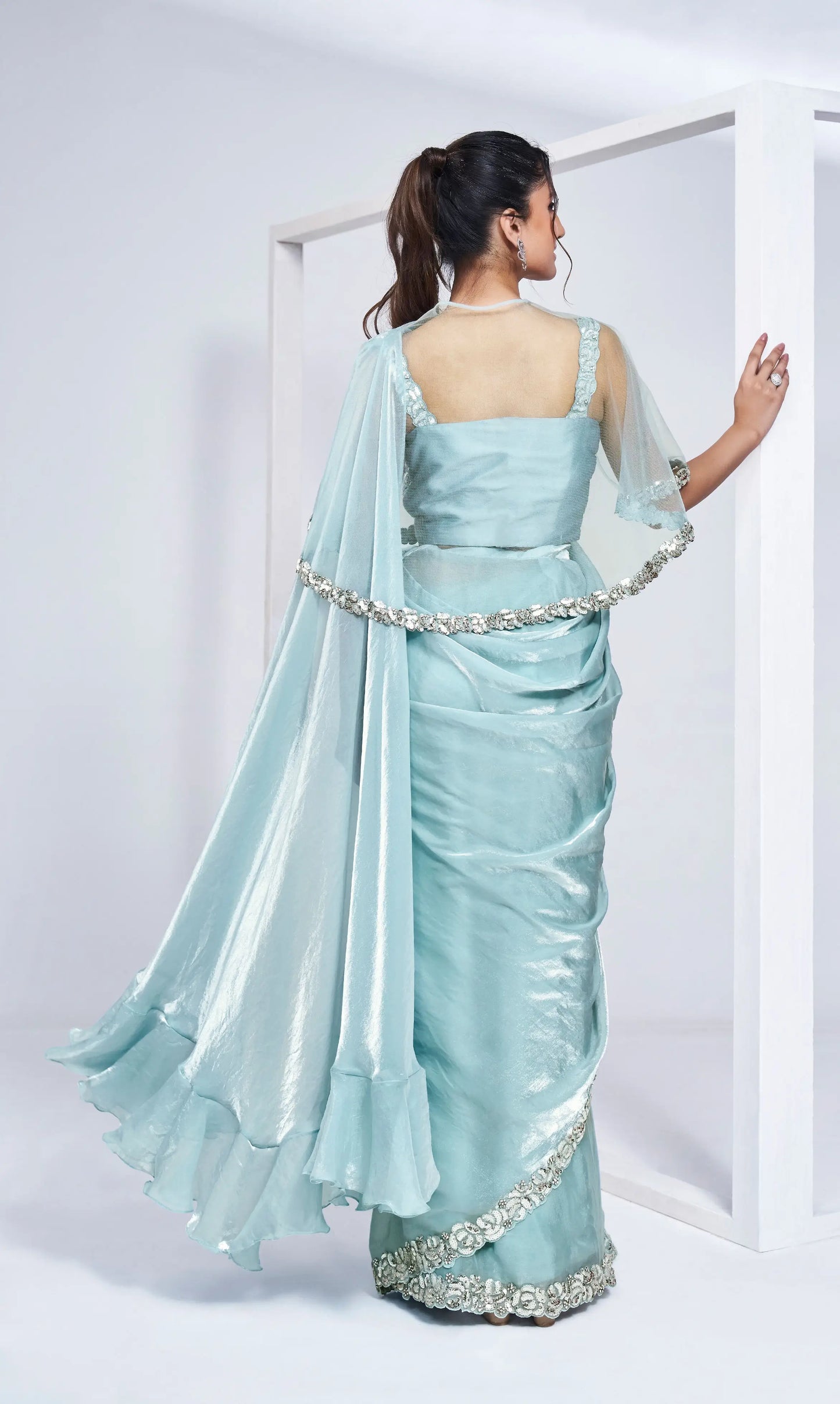 Sky Satin Silk Ready To Wear One Minute Saree With Heavy Handwork Blouse