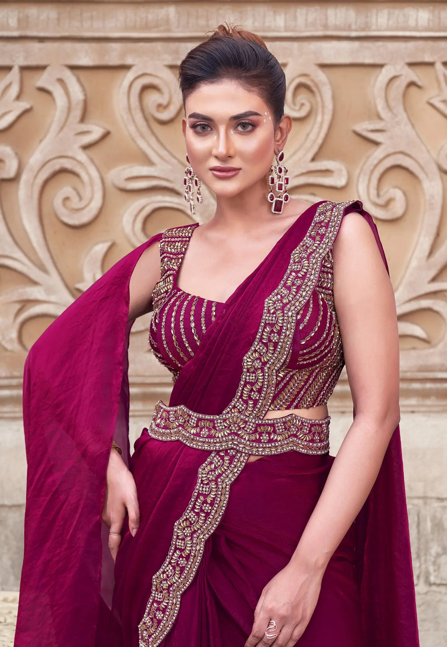Cherry Red Pearl With Hand Work Ready To Wear Saree With Belt