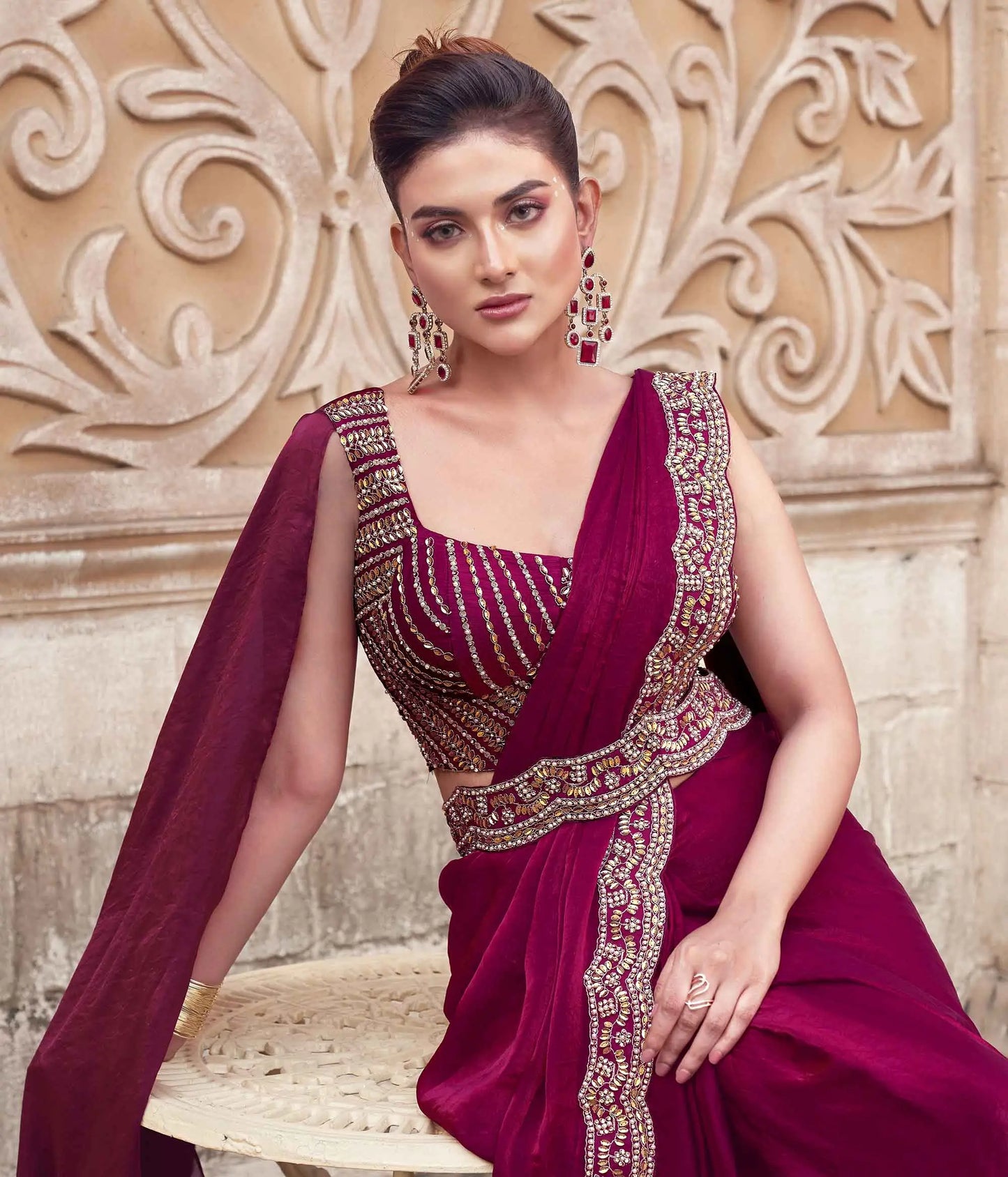 Cherry Red Pearl With Hand Work Ready To Wear Saree With Belt