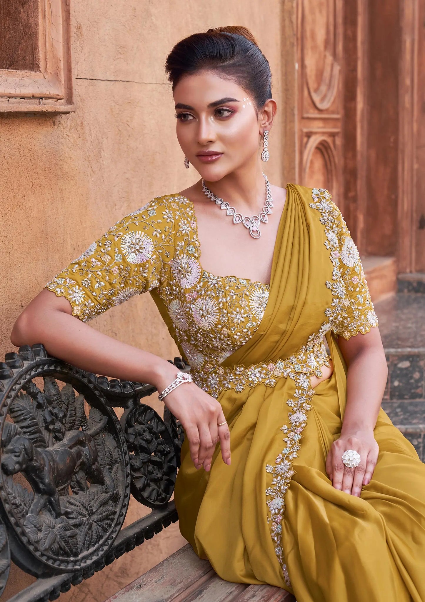 Yellowish Orange Pearl With Hand Work Ready To Wear Saree With Belt