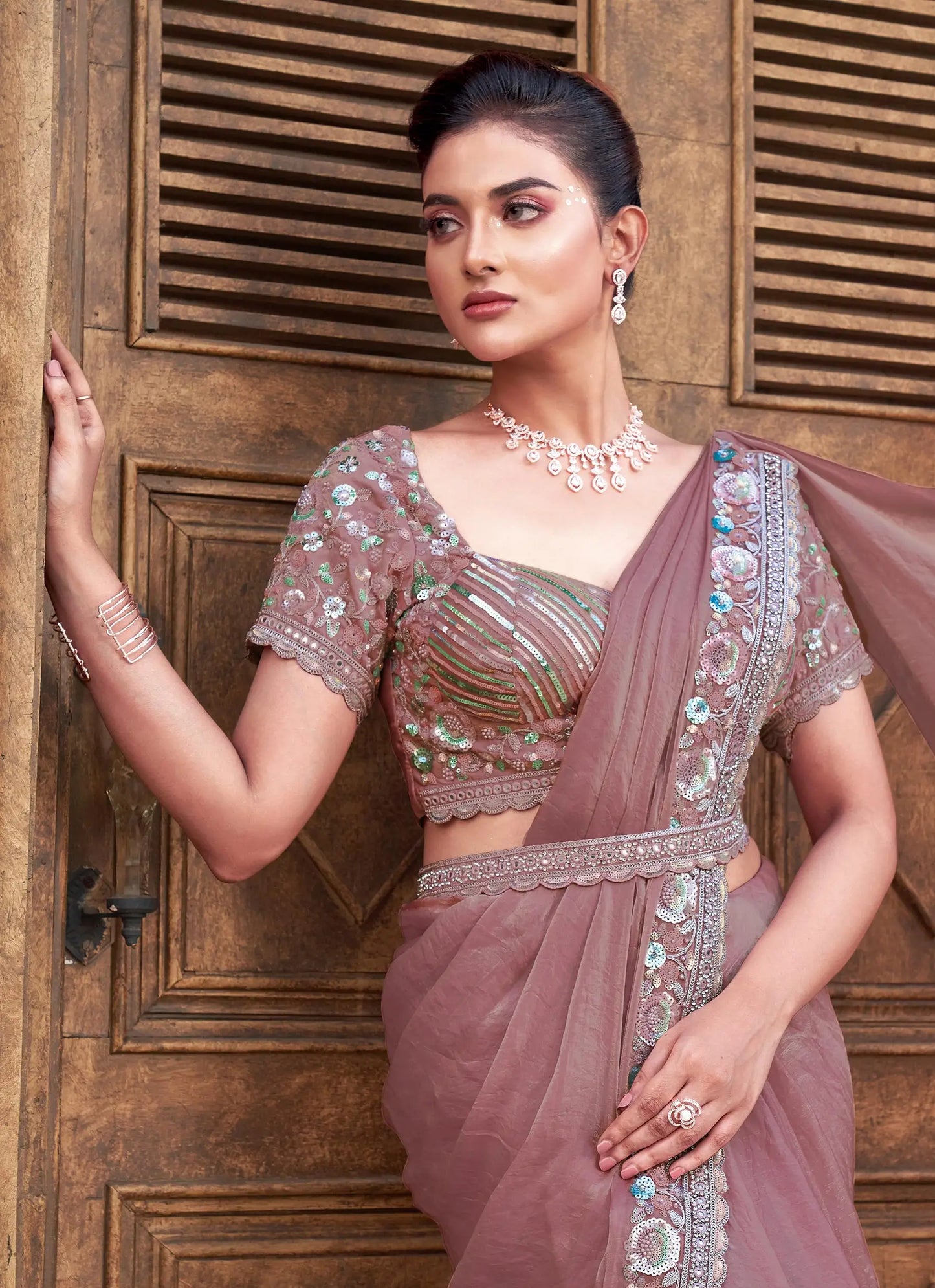 Rosy Brown Four Sequins With Hand Work Ready To Wear Saree