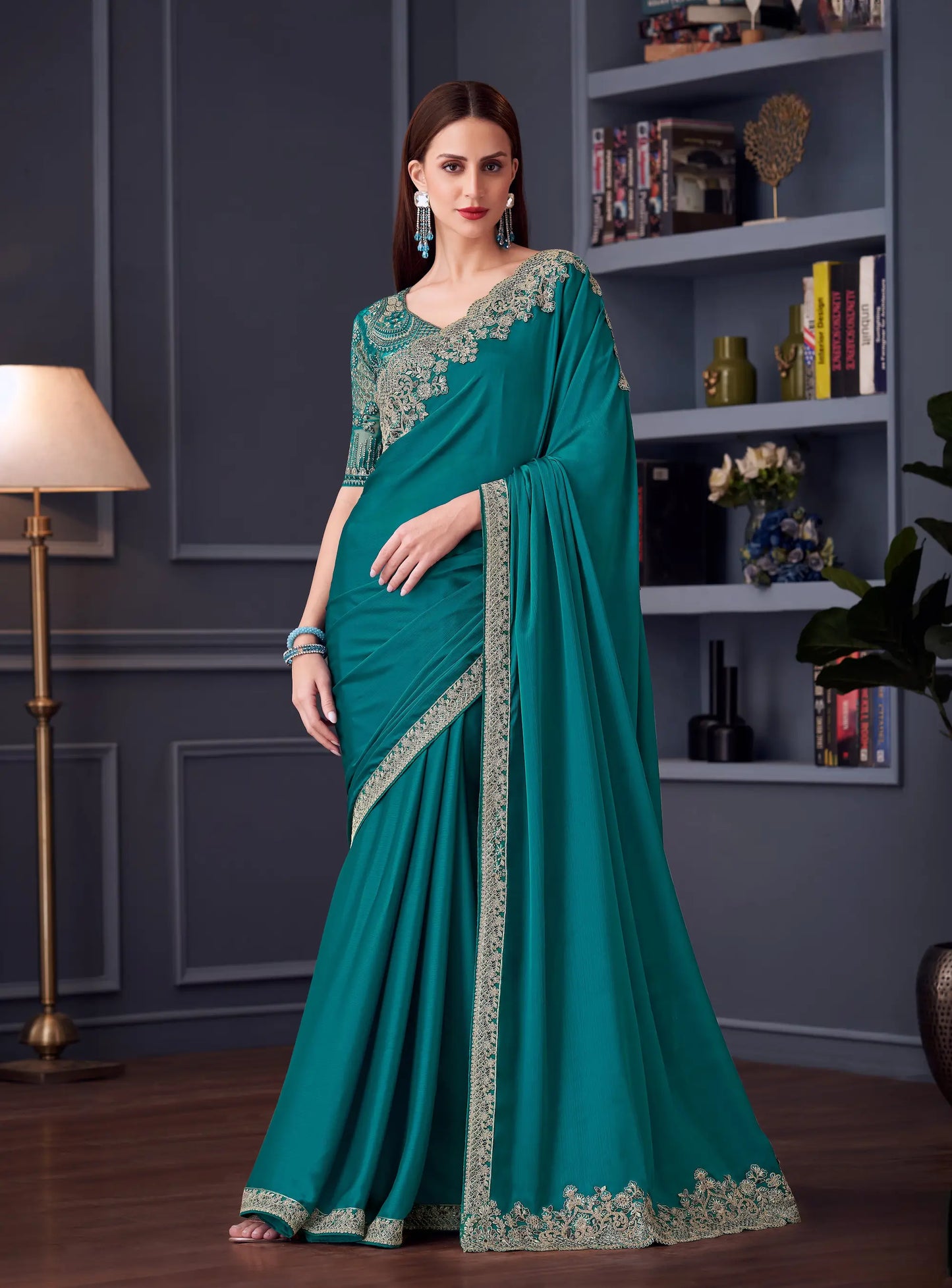 Teal Blue Chiffon Silk Party Wear Saree With Thread & Sequins Embroidery Work