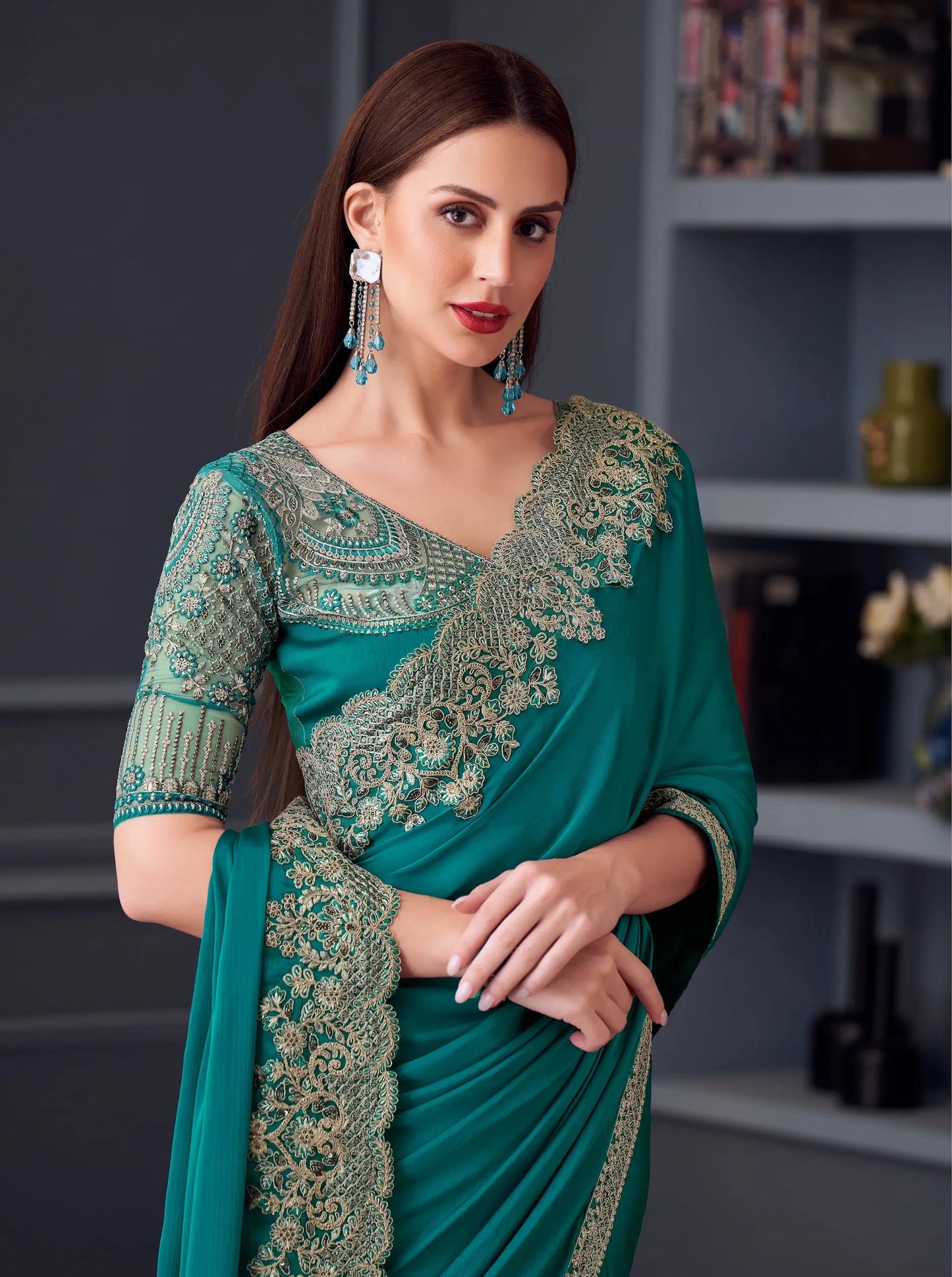 Teal Blue Chiffon Silk Party Wear Saree With Thread & Sequins Embroidery Work