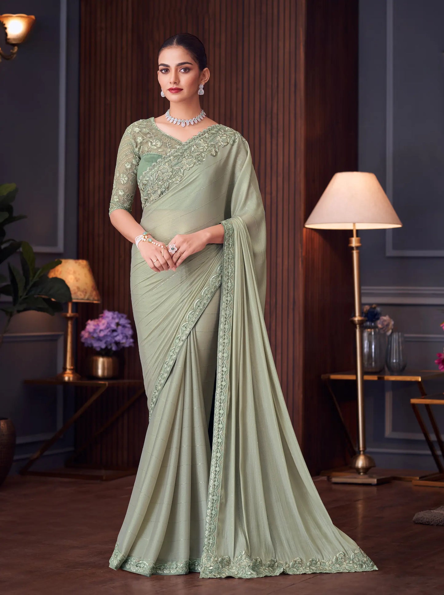 Olive Green Georgette Silk Party Wear Saree With Thread & Sequins Embroidery Work