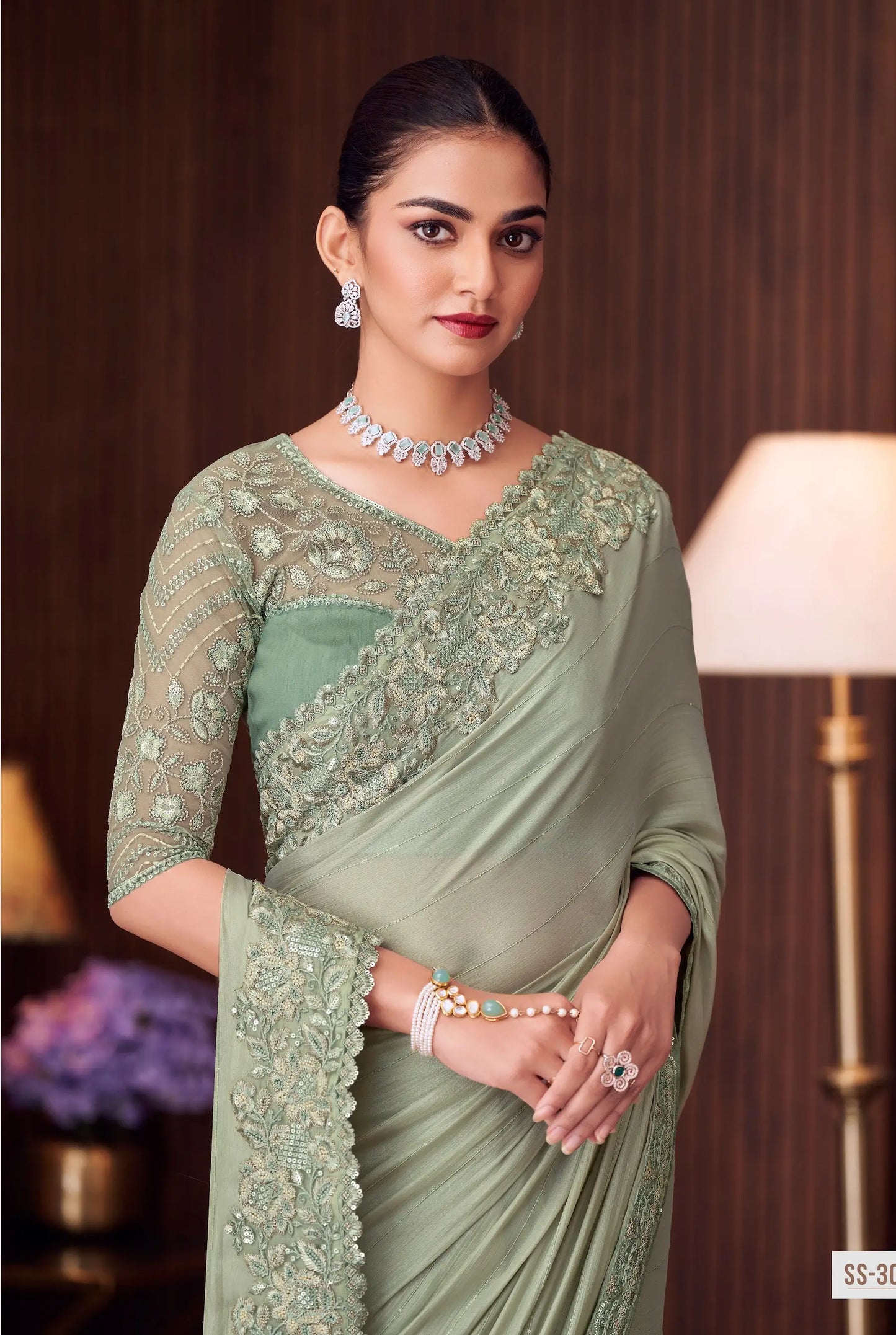 Olive Green Georgette Silk Party Wear Saree With Thread & Sequins Embroidery Work