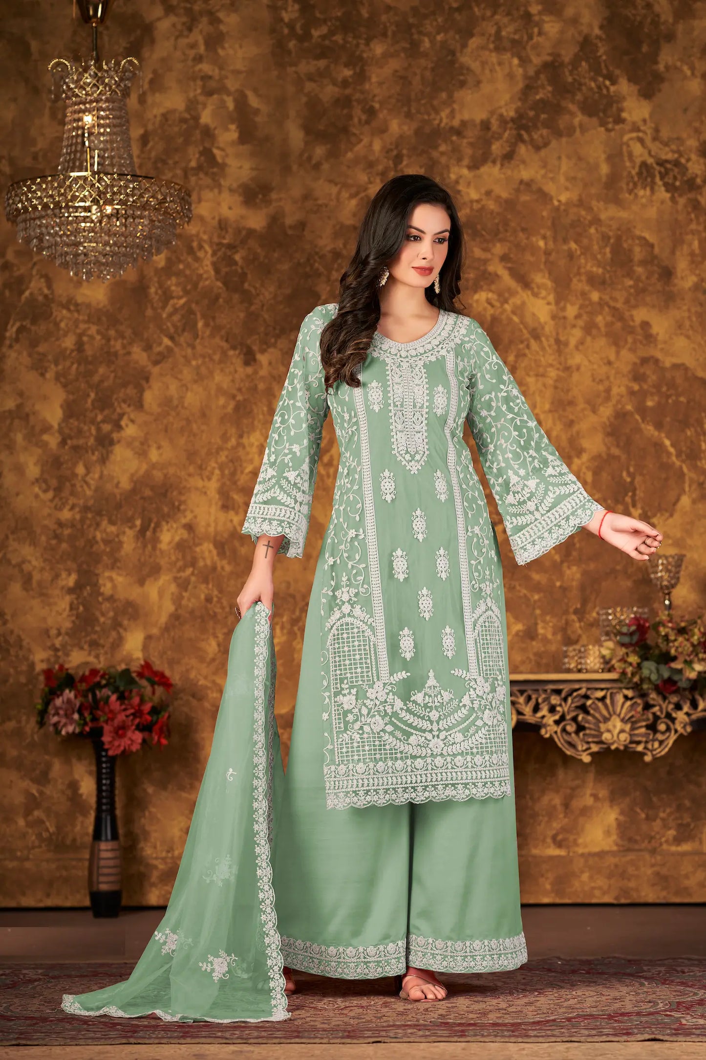 Pista Green Net Salwar Suit With Thread & Sequence Embroidery Work