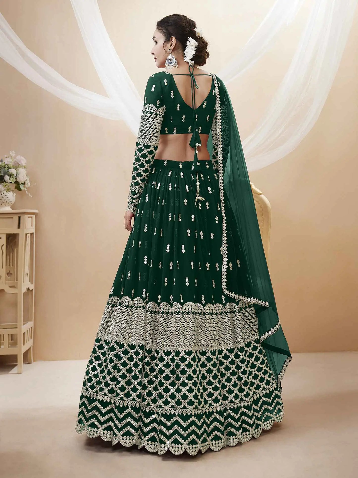 Green Georgette Lehenga With Sequence Embroidery Work with Dupatta