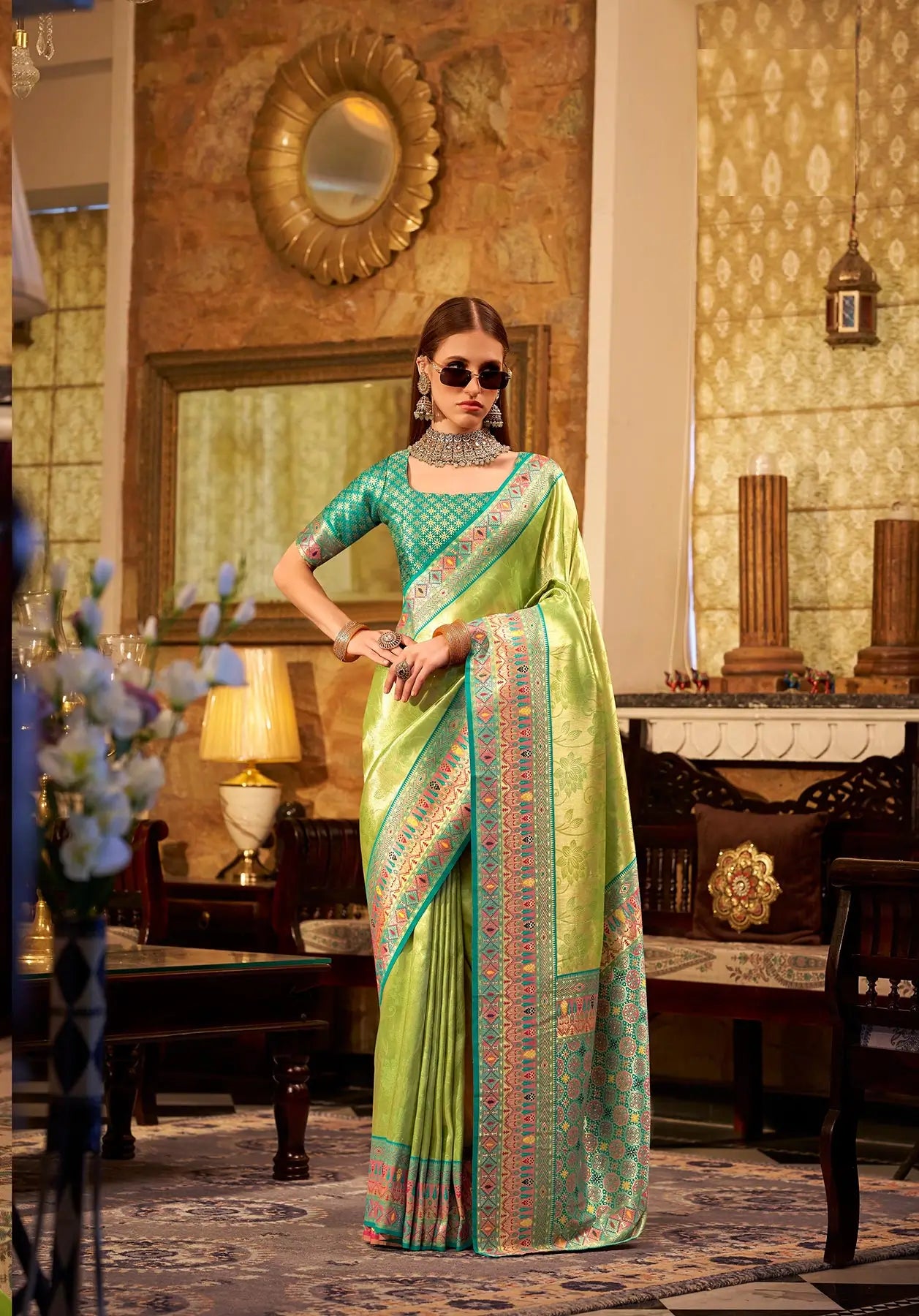 Green Tissue Silk Saree with Designer Contrast Border