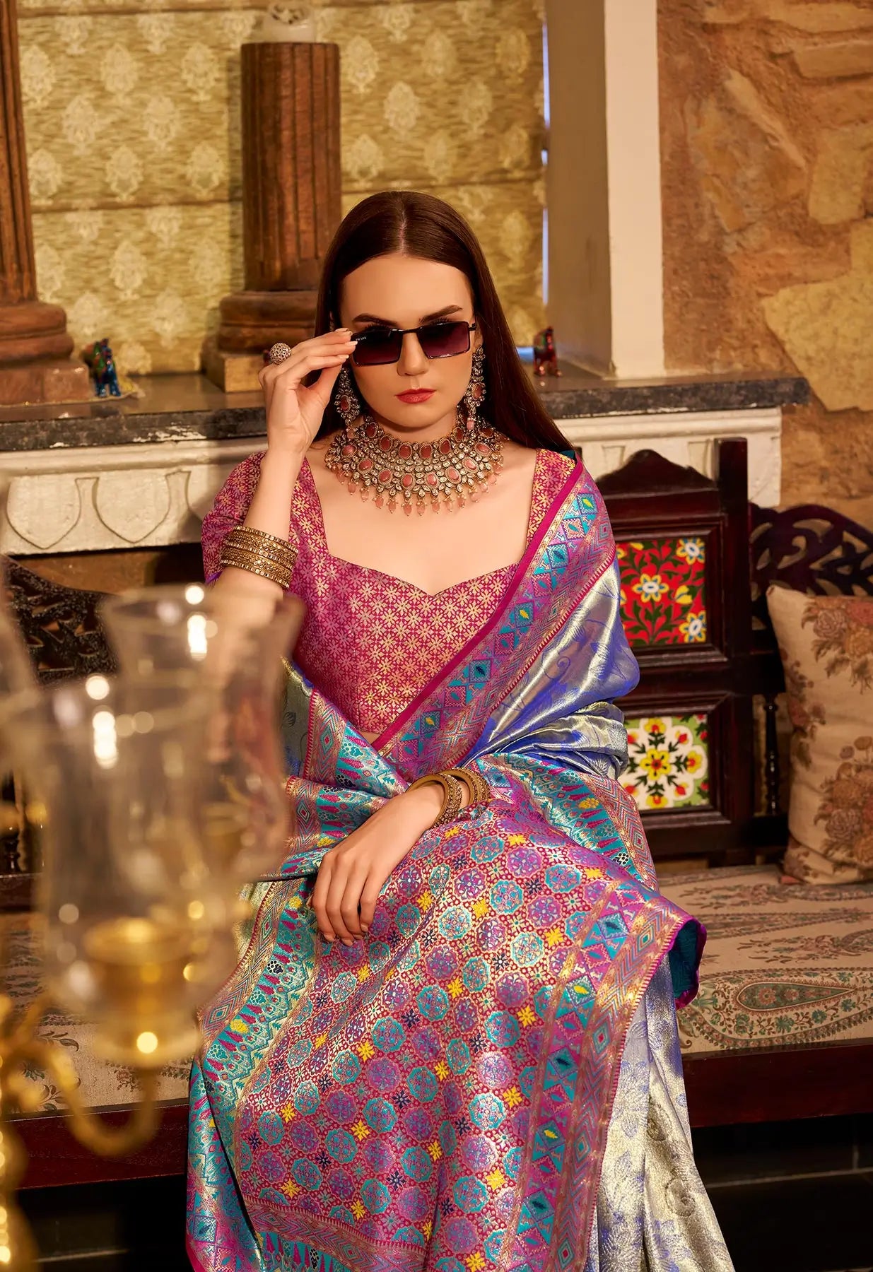 Blue Tissue Silk Saree with Designer Contrast Border