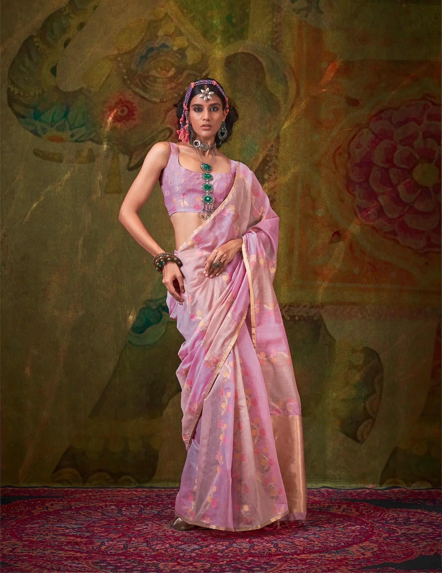 Lavender-Light Pink Spun Rangkaat Weaving Handloom Silk Saree