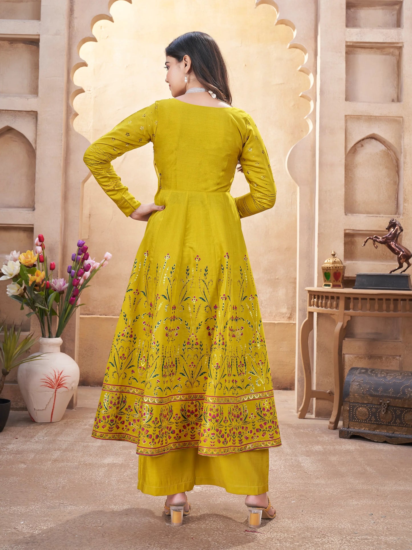 Fluorescent Yellow Mirror Work And Foil Print Silk Salwar Suit