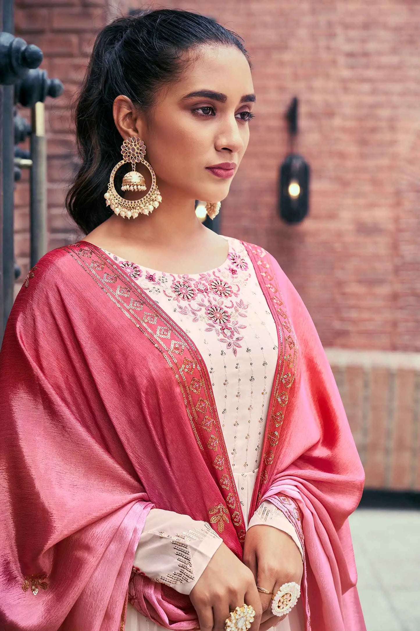 Chiku Pink Georgette Palazzo Salwar Suit With Thread And Sequins Embroidered Work