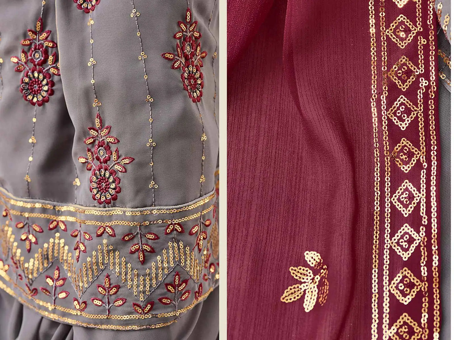 Grey Georgette Palazzo Salwar Suit With Thread And Sequins Embroidered Work