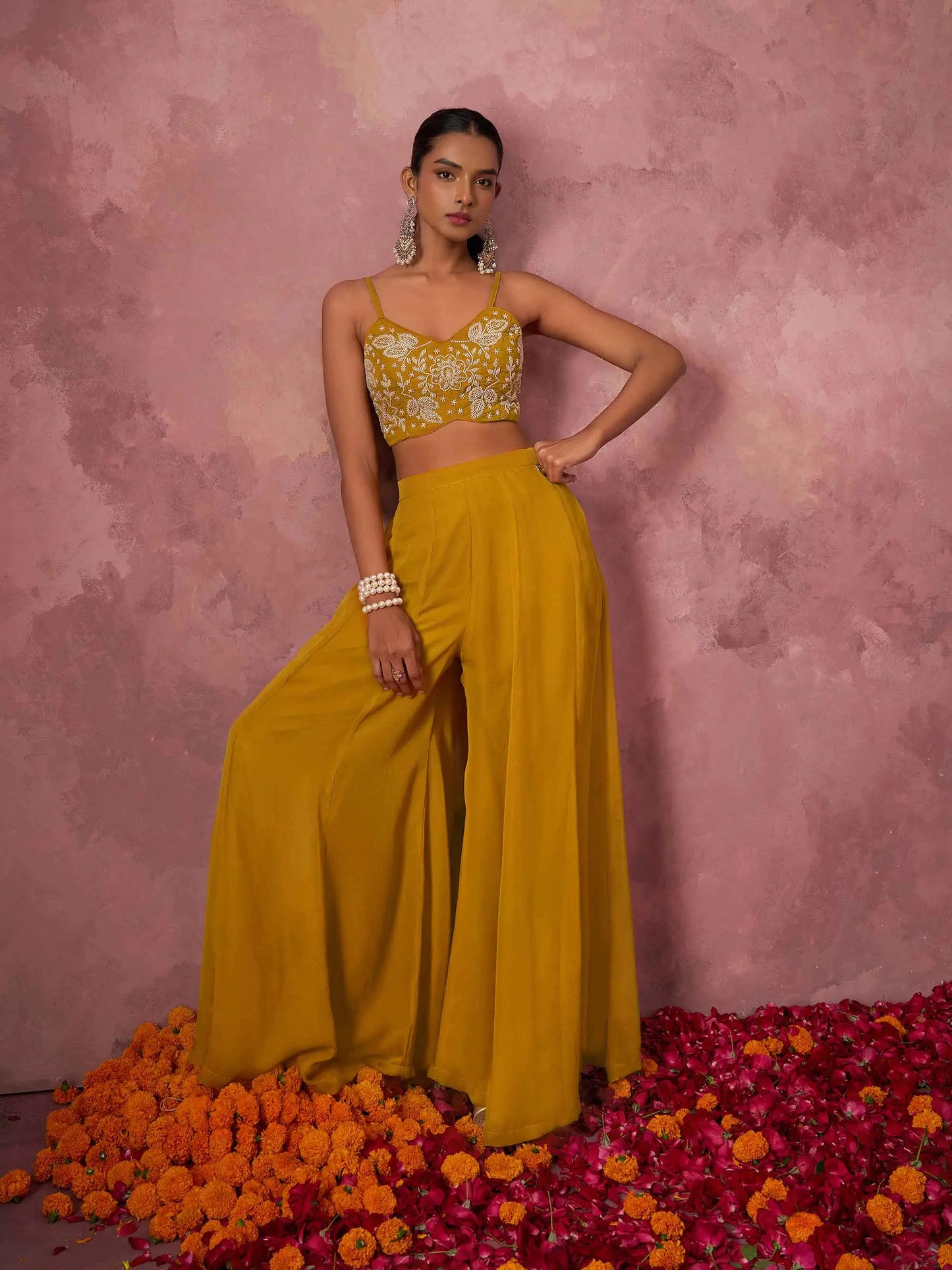 Designer Mustard Yellow Georgette Indo Western With Hand work And Shrug