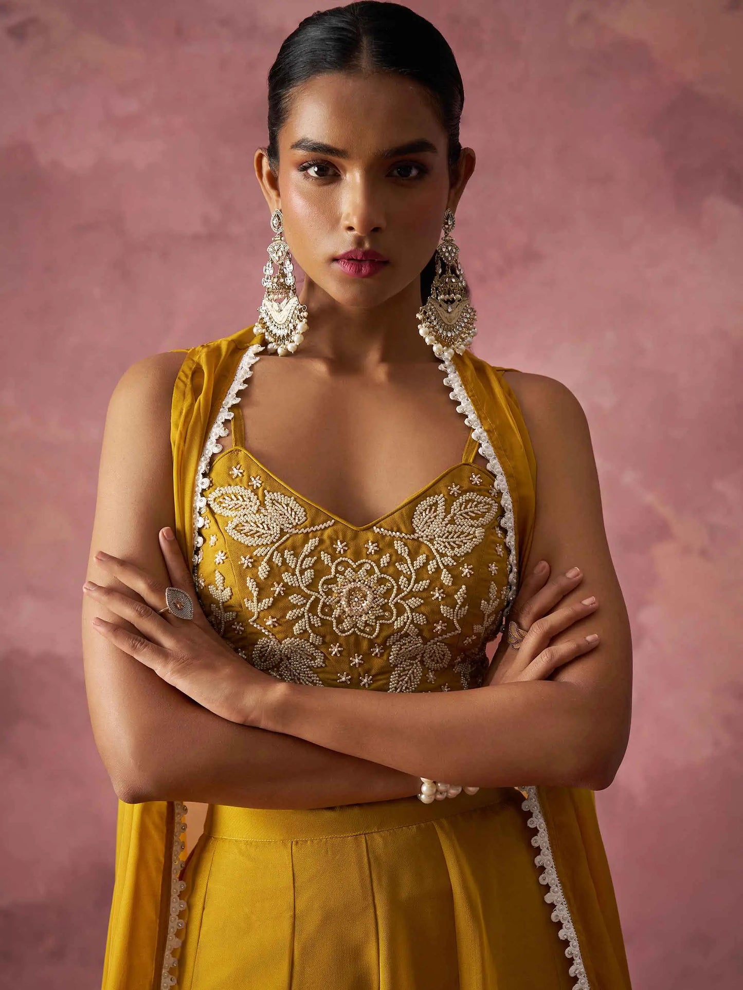 Designer Mustard Yellow Georgette Indo Western With Hand work And Shrug