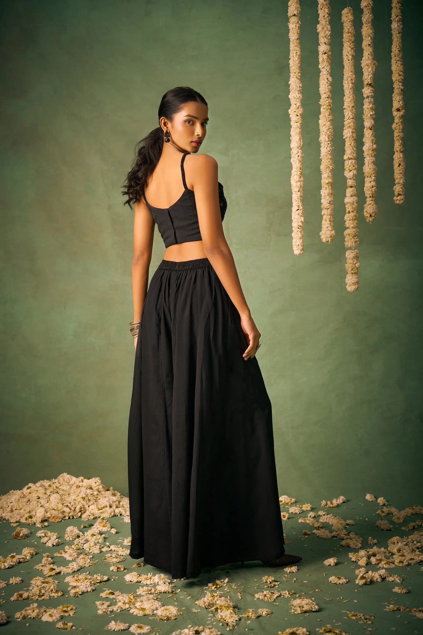 Black Indo Western Khatli Work Blouse With Sharara And Cap