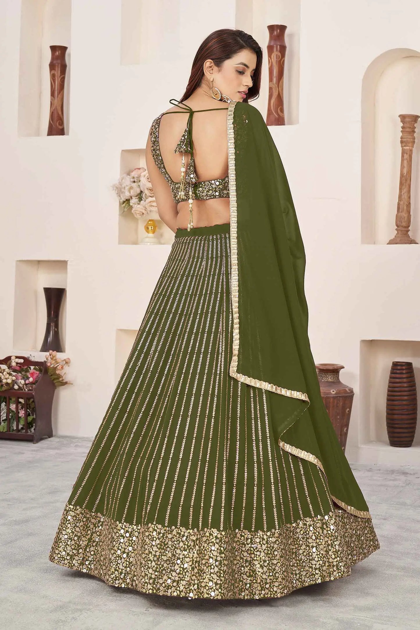 Dark Olive Green Georgette Lehenga With Sequins And Zari Embroidered Work