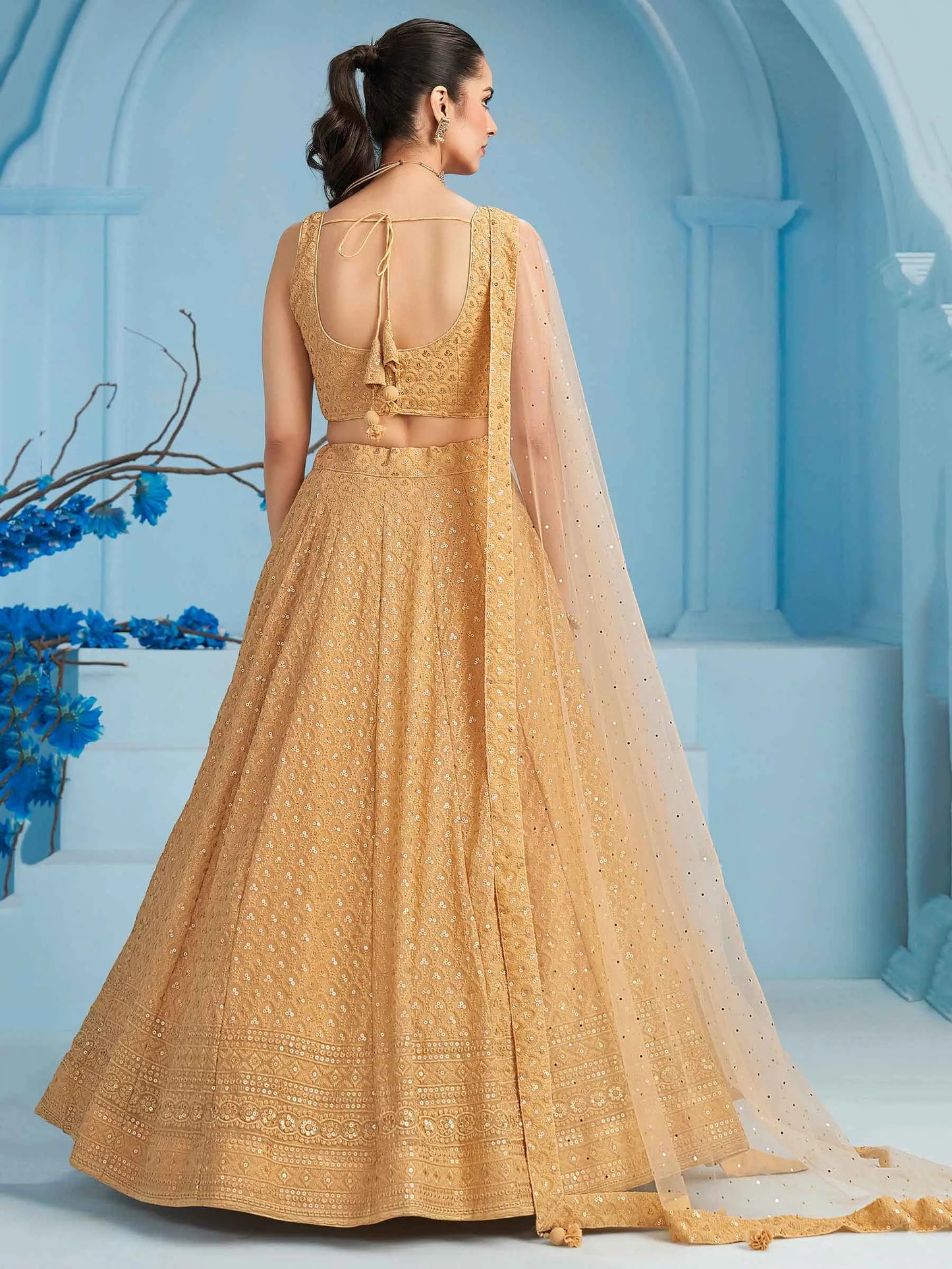 Beige Party Wear Lehenga With Sequins Embroidery Work And Dupatta