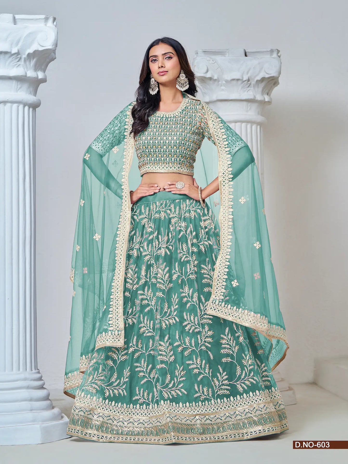 Aqua Blue Net Lehenga Choli With Thread & Sequence Embroidery Work