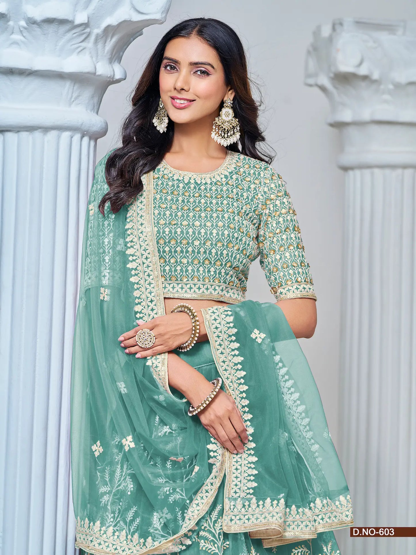 Aqua Blue Net Lehenga Choli With Thread & Sequence Embroidery Work