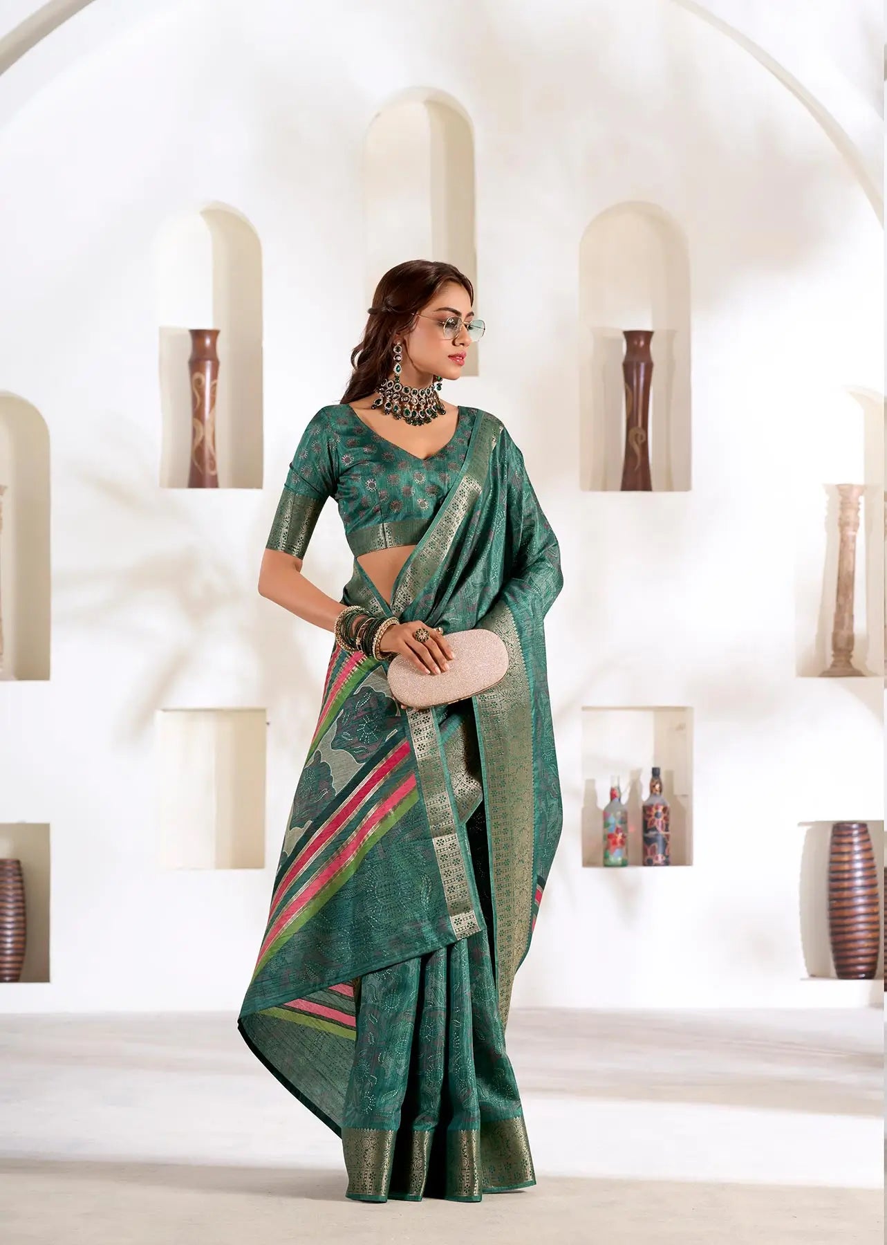 Dark Green Dola Silk Printed Saree with Fancy Zari Border