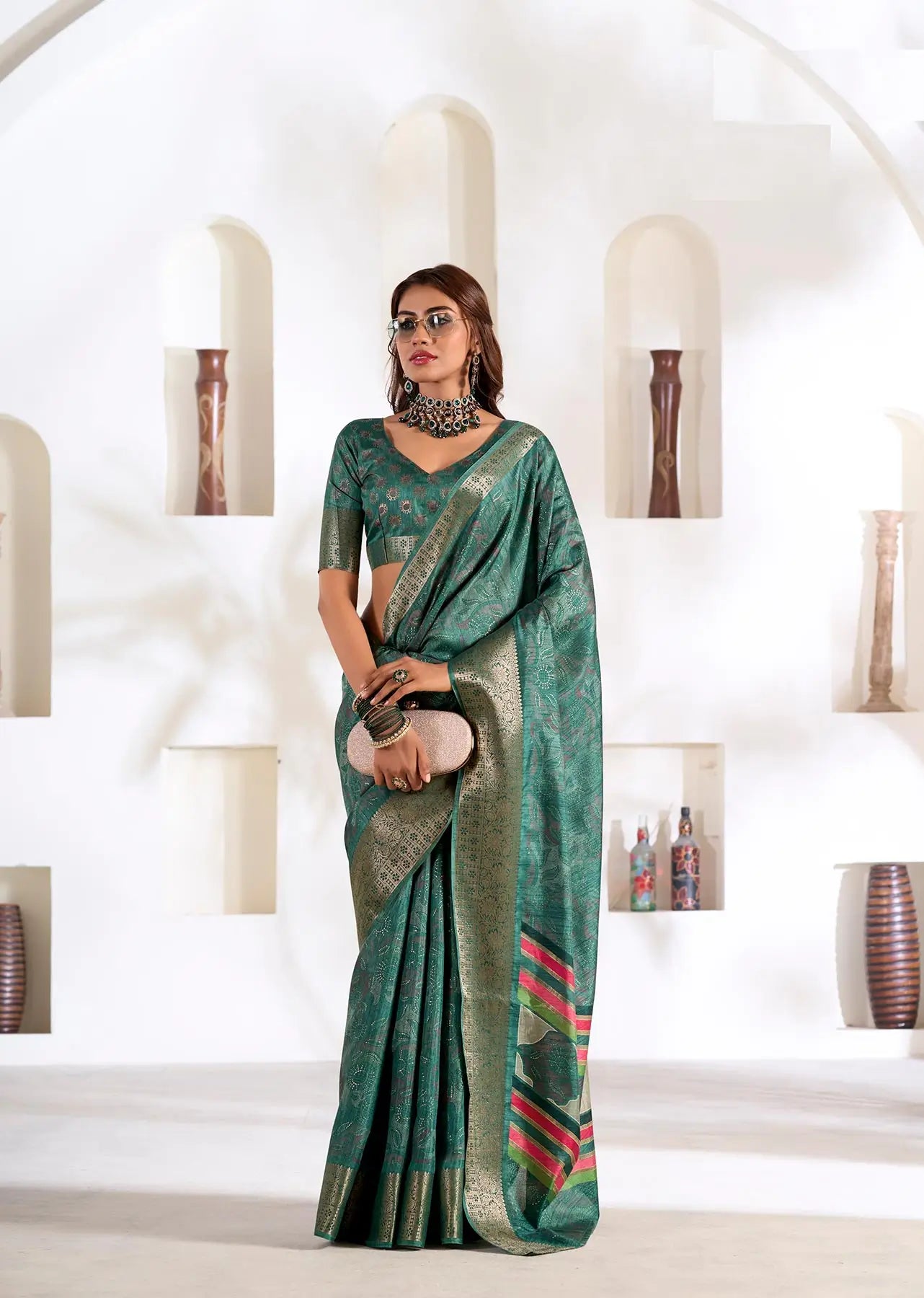 Dark Green Dola Silk Printed Saree with Fancy Zari Border