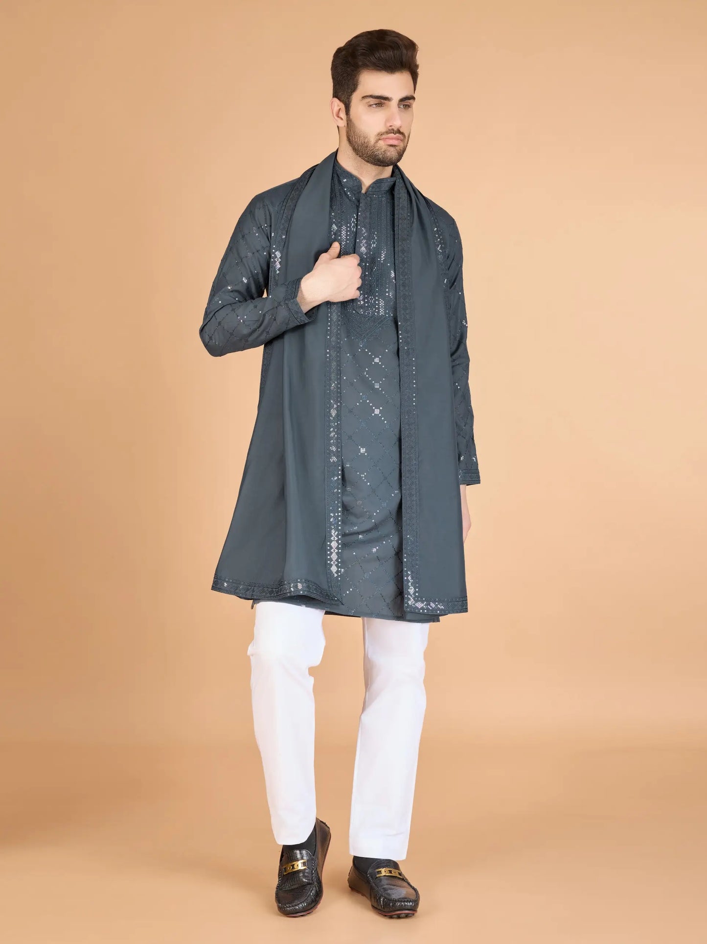 Grey Silk Thread & Sequins Embroidered Work Kurta With Dupatta