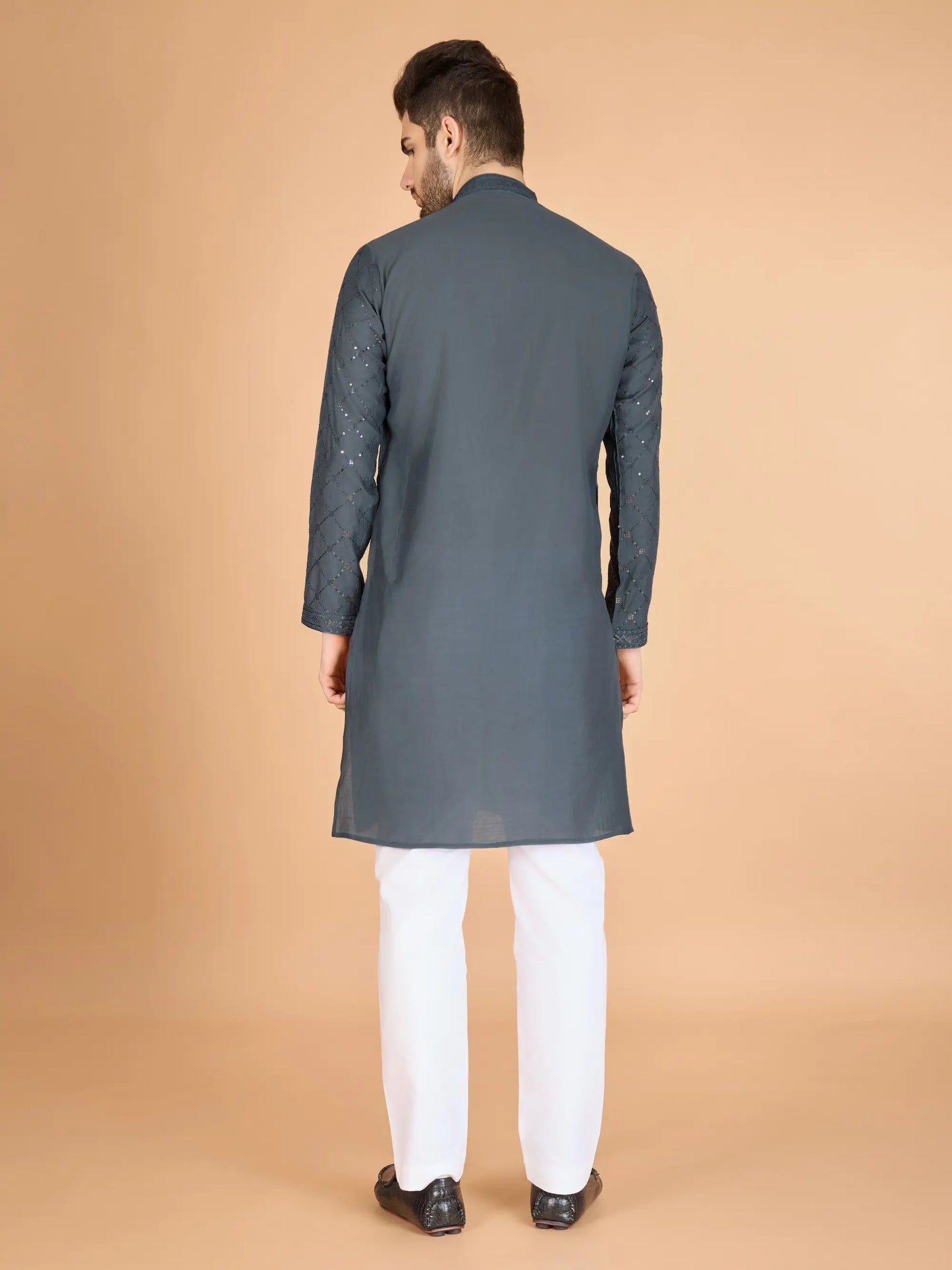 Grey Silk Thread & Sequins Embroidered Work Kurta With Dupatta