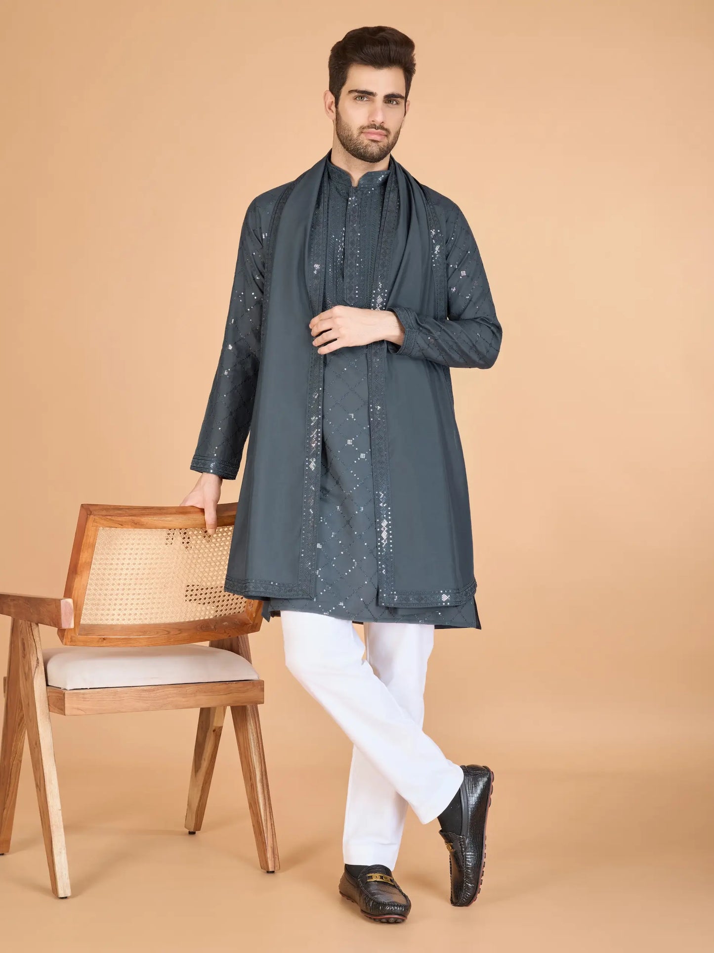 Grey Silk Thread & Sequins Embroidered Work Kurta With Dupatta