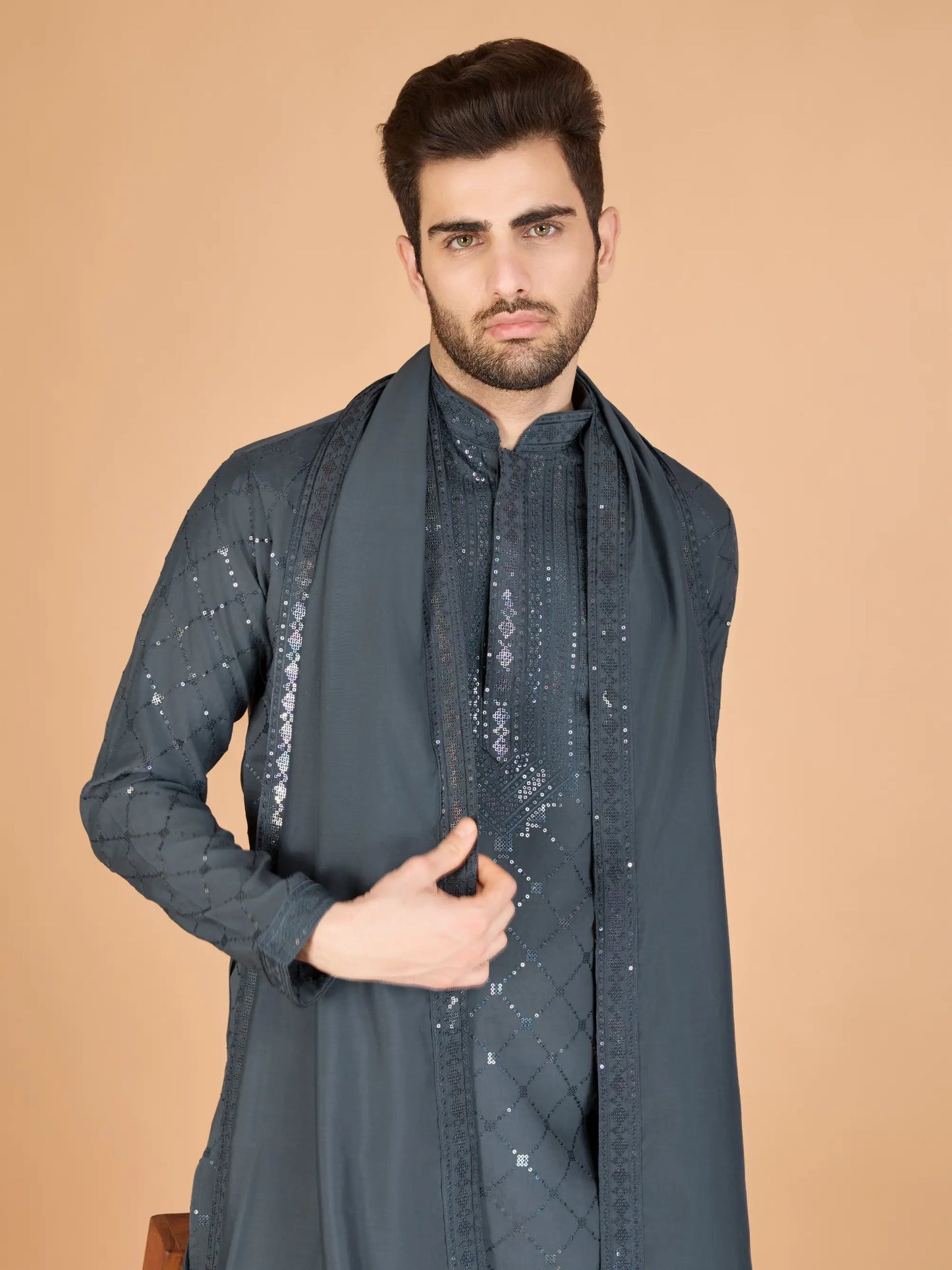 Grey Silk Thread & Sequins Embroidered Work Kurta With Dupatta